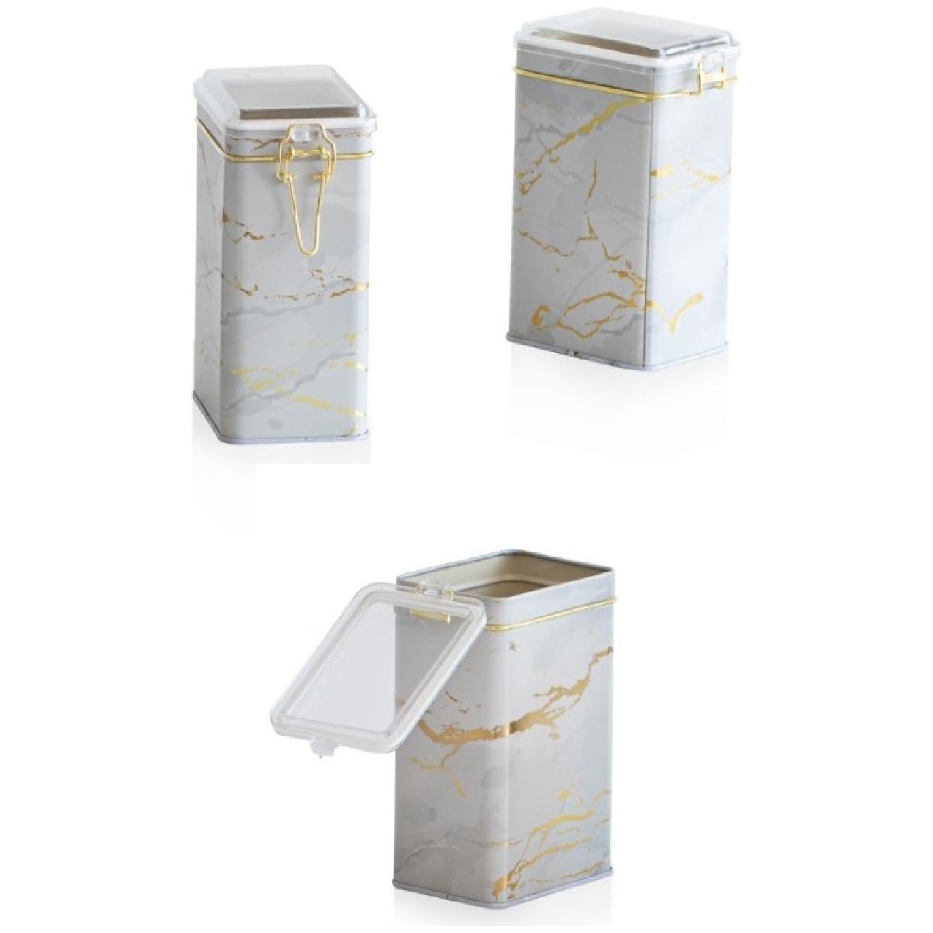 Rectangular Metal Box  set 75x100x150 mm (3 Pcs ) Wire Clasp and Transparent Lid Marble White Marble White Design