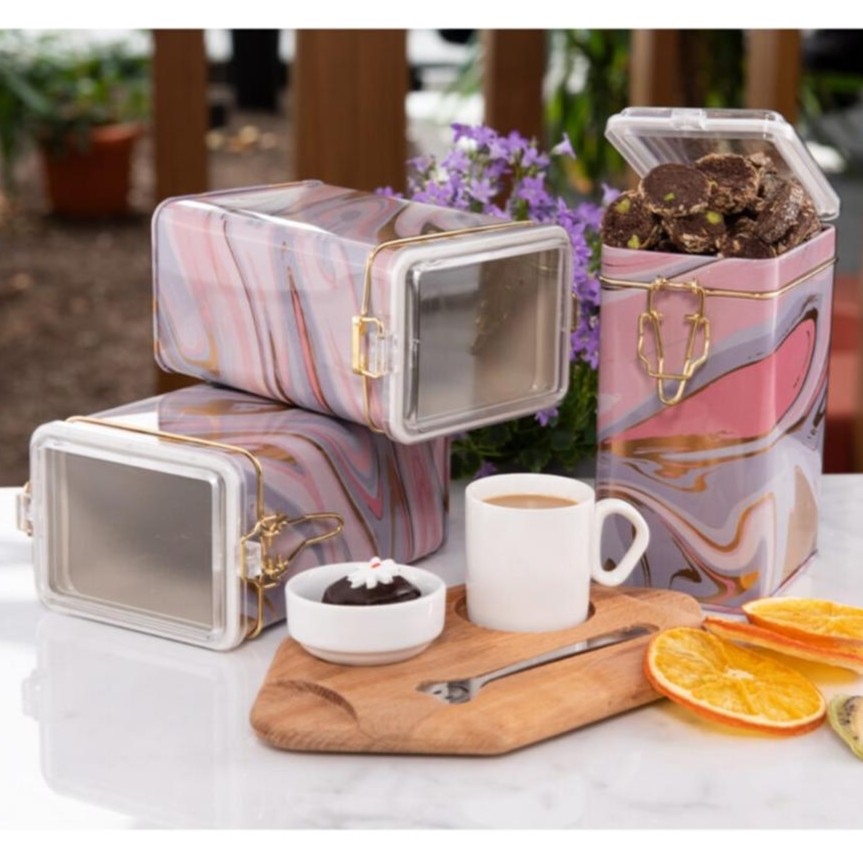Rectangular Metal Box  set 75x100x150 mm (3 Pcs ) Wire Clasp and Transparent Lid Pink and Gold Marble Texture Liquid Pink Design