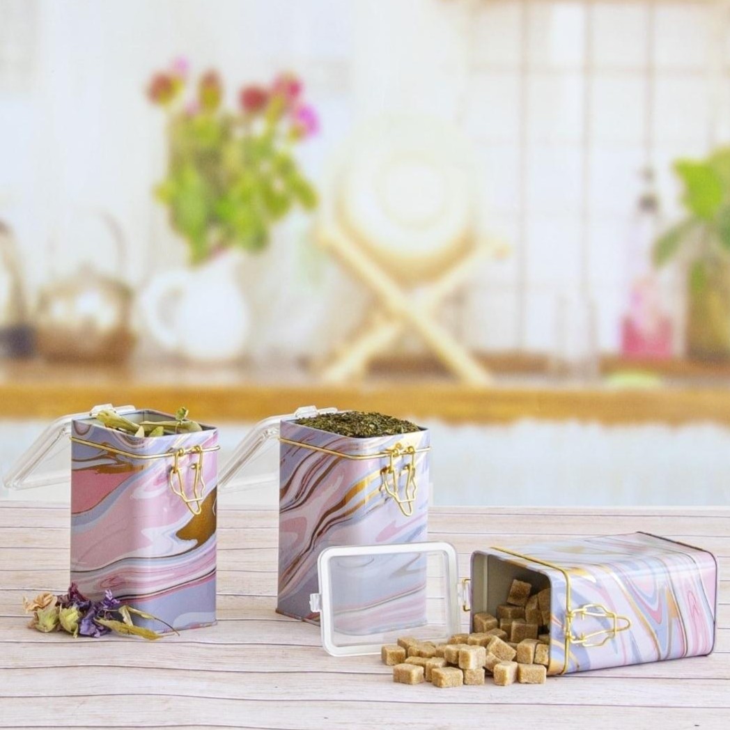 Rectangular Metal Box  set 75x100x150 mm (3 Pcs ) Wire Clasp and Transparent Lid Pink and Gold Marble Texture Liquid Pink Design