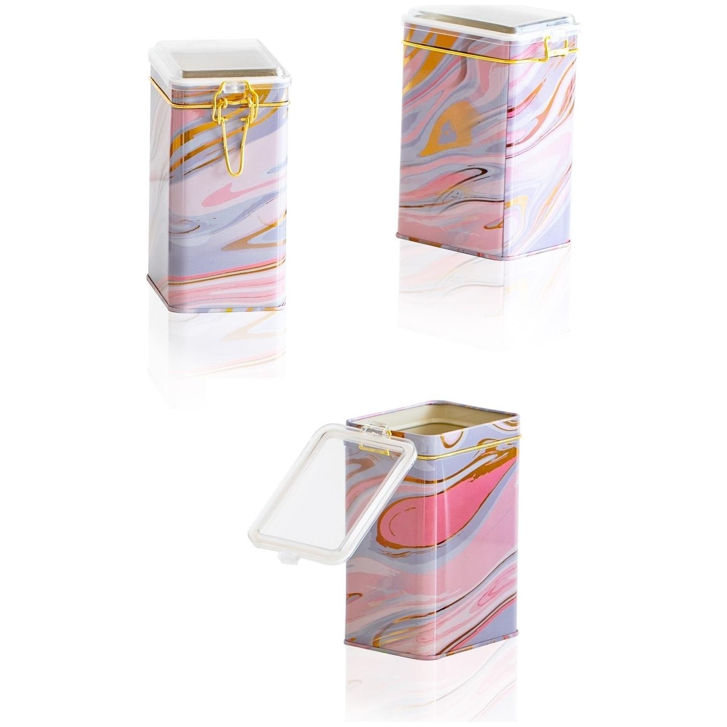 Rectangular Metal Box  set 75x100x150 mm (3 Pcs ) Wire Clasp and Transparent Lid Pink and Gold Marble Texture Liquid Pink Design