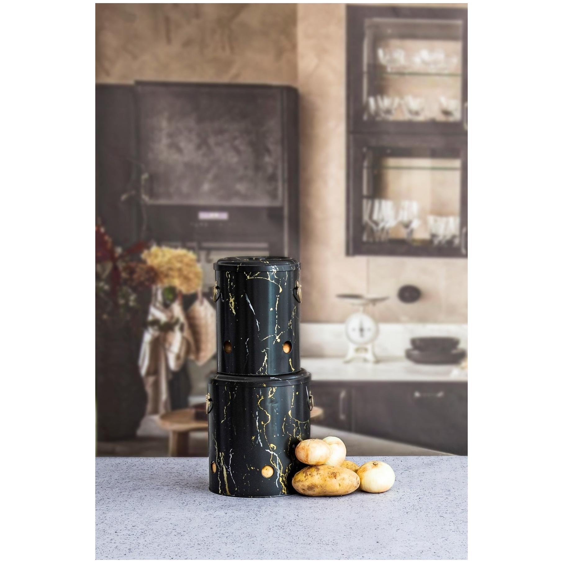 Metal Potato &amp; Onion Storage Bin Set Ø225x240 mm (2 Pcs ) Marble Black Marble Black Design