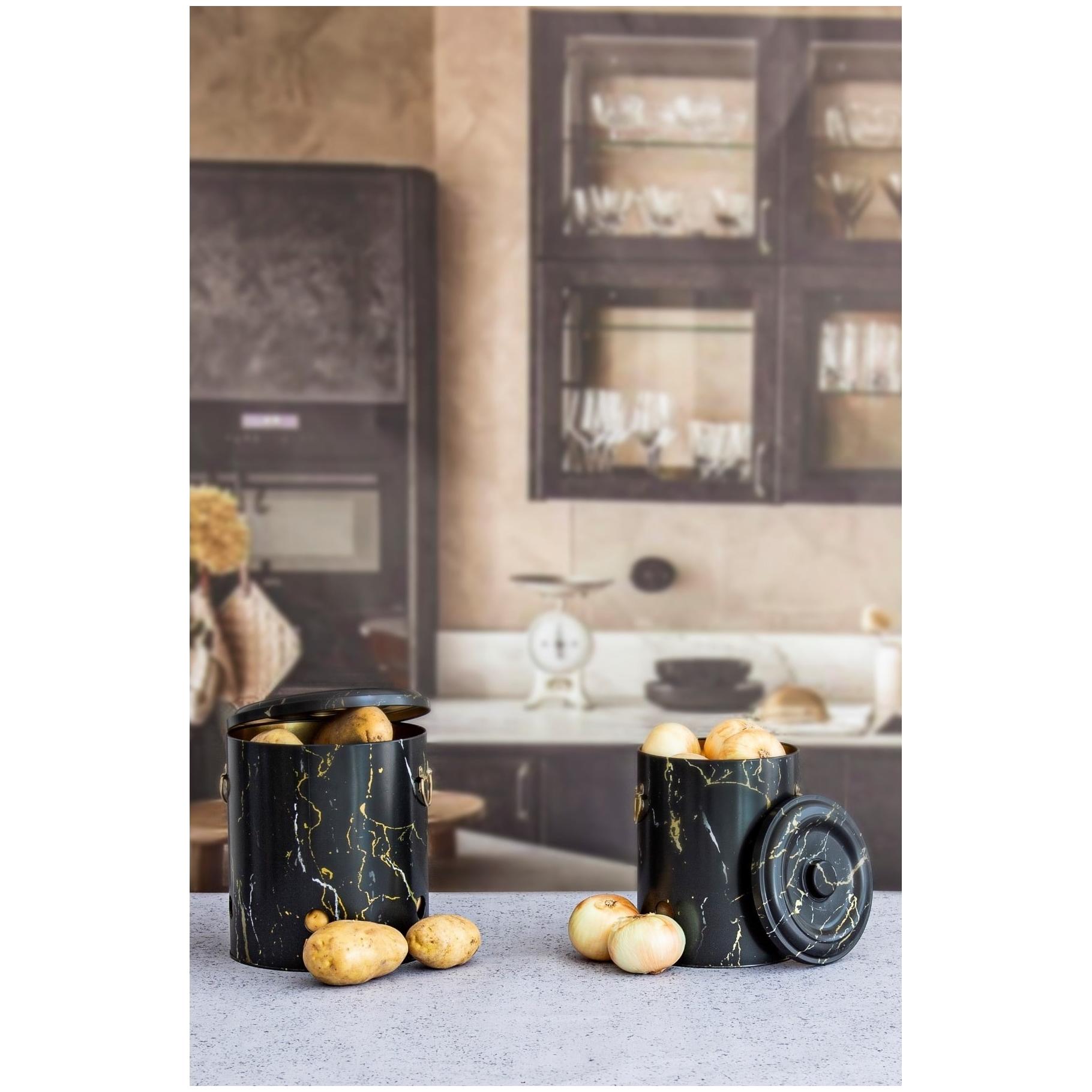 Metal Potato &amp; Onion Storage Bin Set Ø225x240 mm (2 Pcs ) Marble Black Marble Black Design