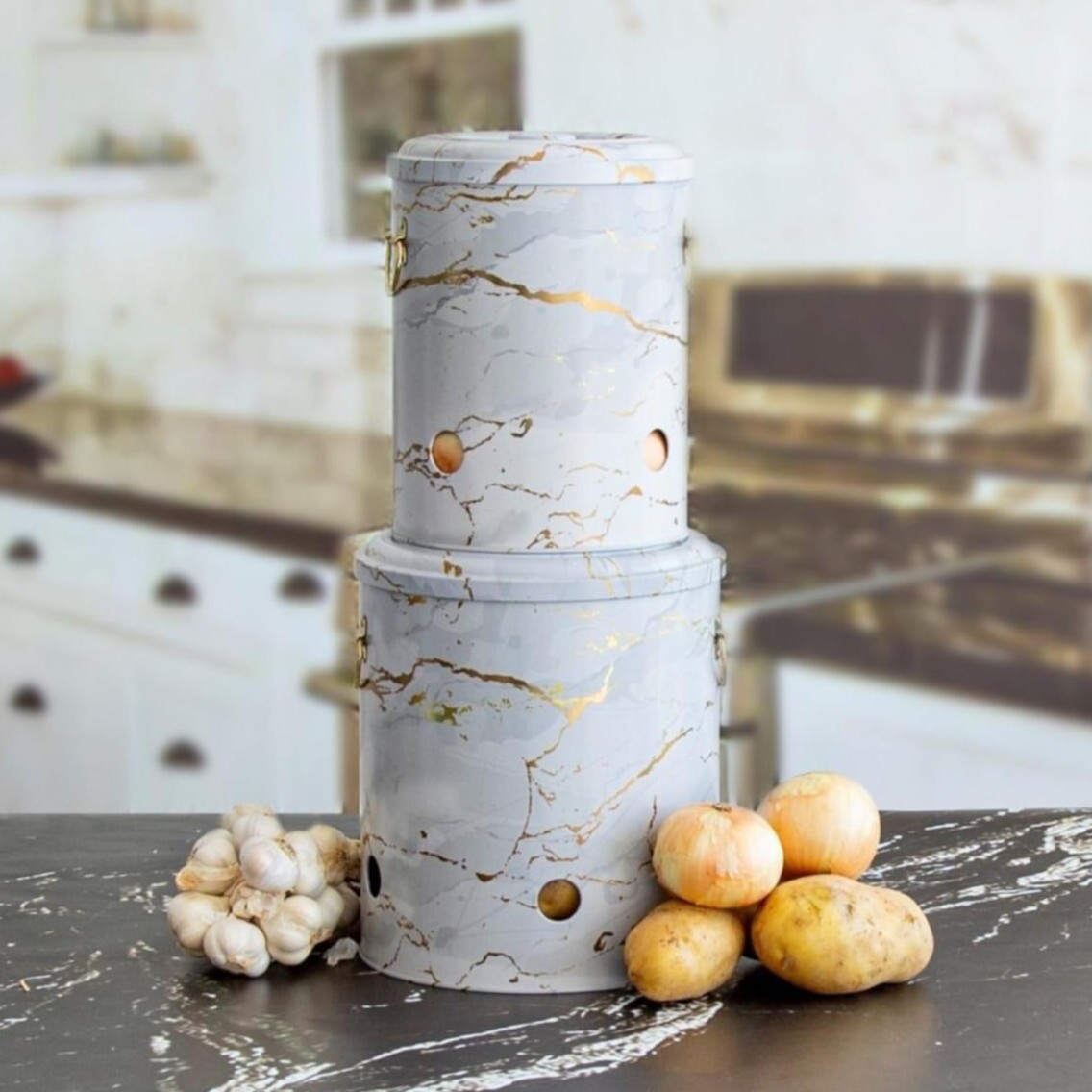 Metal Potato &amp; Onion Storage Bin Set Ø225x240 mm (2 Pcs ) Marble White Marble White Design