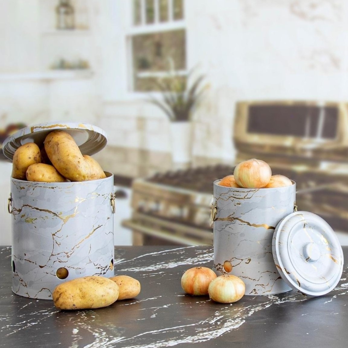 Metal Potato &amp; Onion Storage Bin Set Ø225x240 mm (2 Pcs ) Marble White Marble White Design