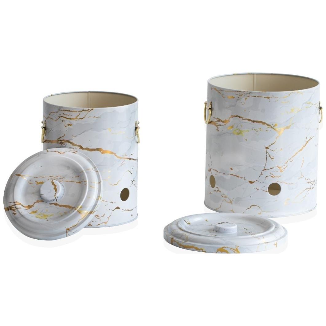 Metal Potato &amp; Onion Storage Bin Set Ø225x240 mm (2 Pcs ) Marble White Marble White Design
