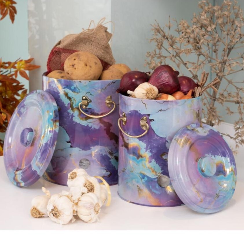 Metal Potato &amp; Onion Storage Bin Set Ø225x240 mm (2 Pcs ) Pink and Gold Marble Texture Liquid Purple Design