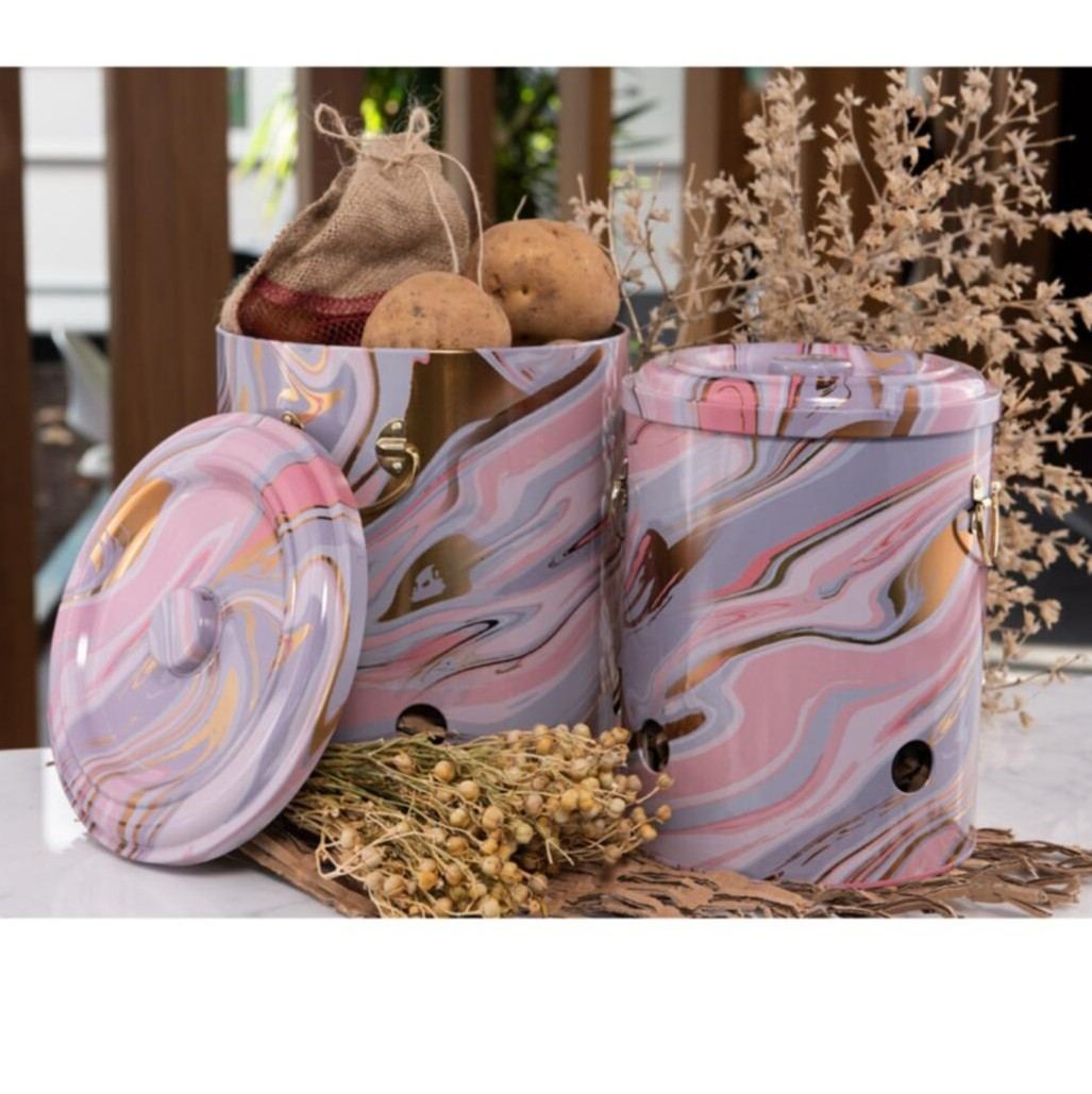 Metal Potato &amp; Onion Storage Bin Set Ø225x240 mm (2 Pcs ) Pink and Gold Marble Texture Liquid Pink Design