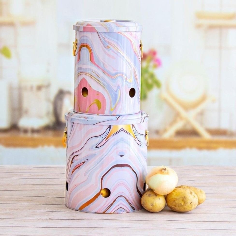 Metal Potato &amp; Onion Storage Bin Set Ø225x240 mm (2 Pcs ) Pink and Gold Marble Texture Liquid Pink Design