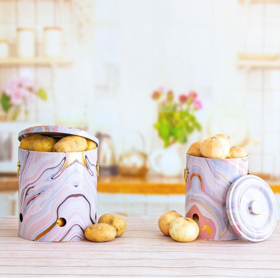 Metal Potato &amp; Onion Storage Bin Set Ø225x240 mm (2 Pcs ) Pink and Gold Marble Texture Liquid Pink Design