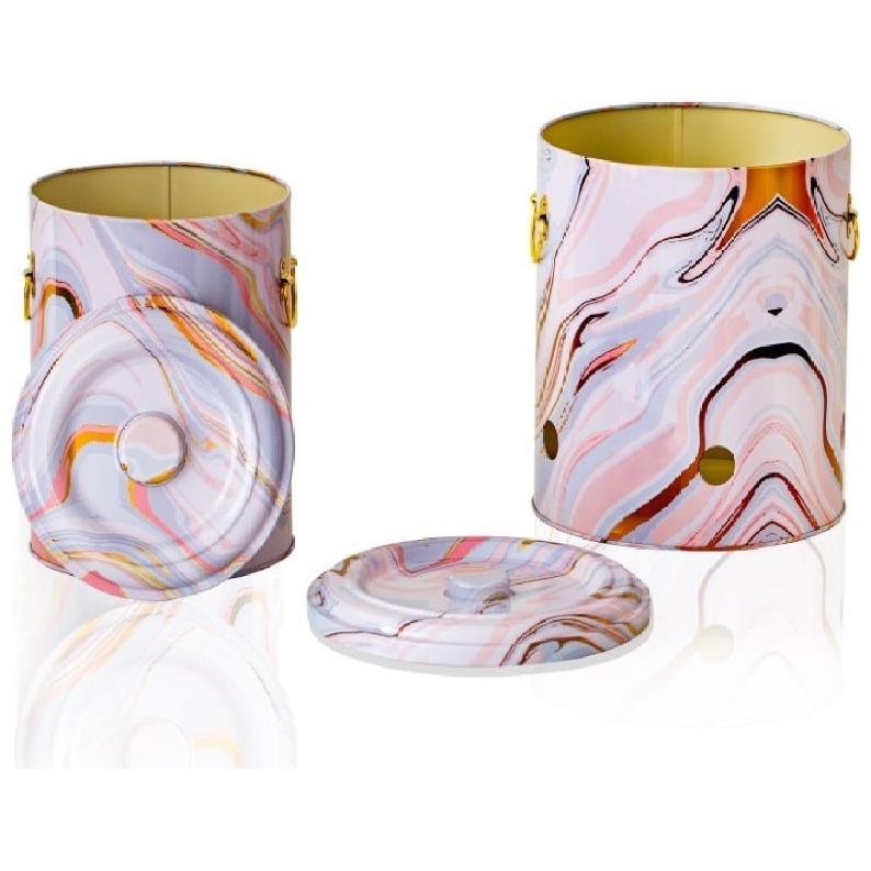 Metal Potato &amp; Onion Storage Bin Set Ø225x240 mm (2 Pcs ) Pink and Gold Marble Texture Liquid Pink Design