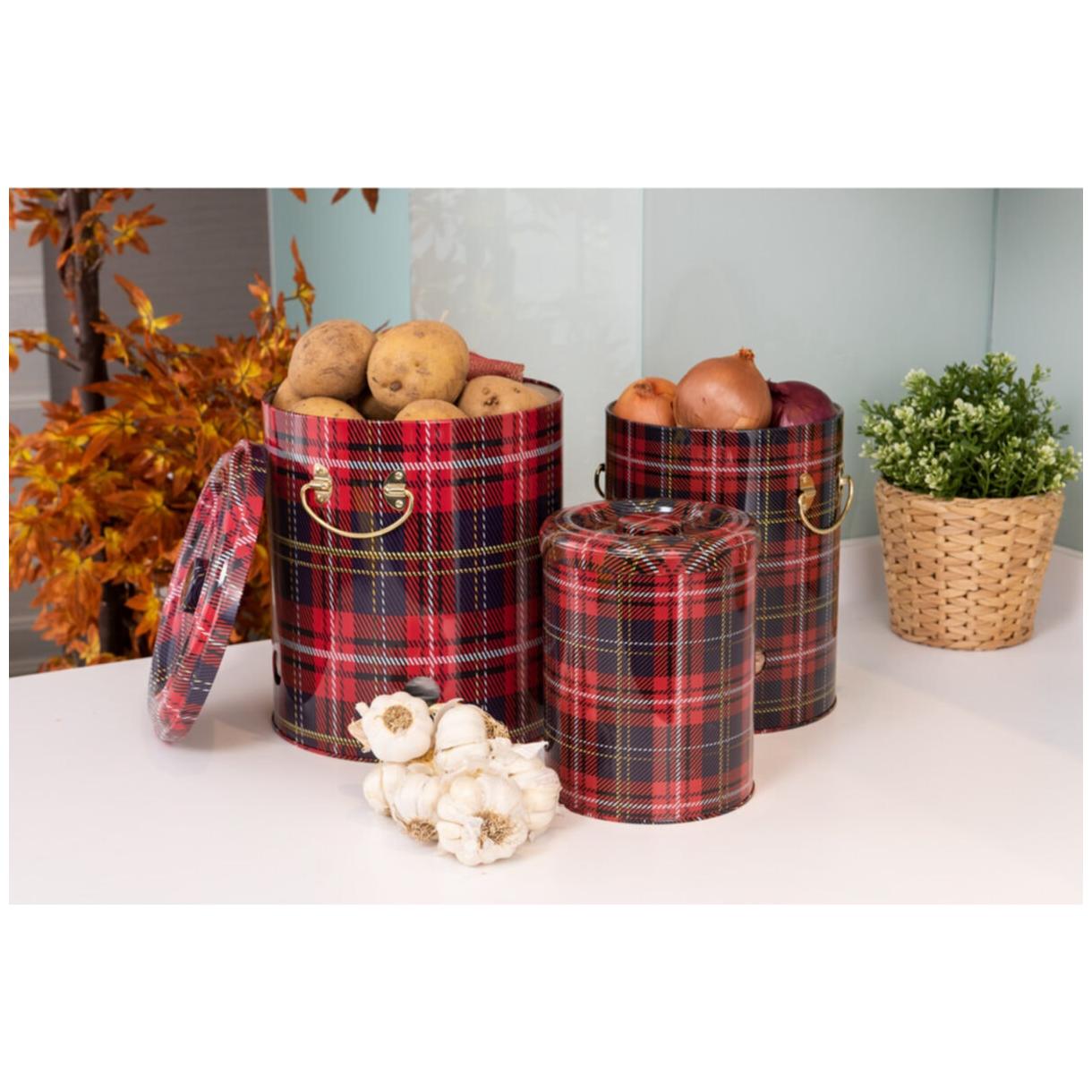 Triple Metal Bin Set for Potato Onion and Garlic  (3 Pcs)  Plaid Plaid Design