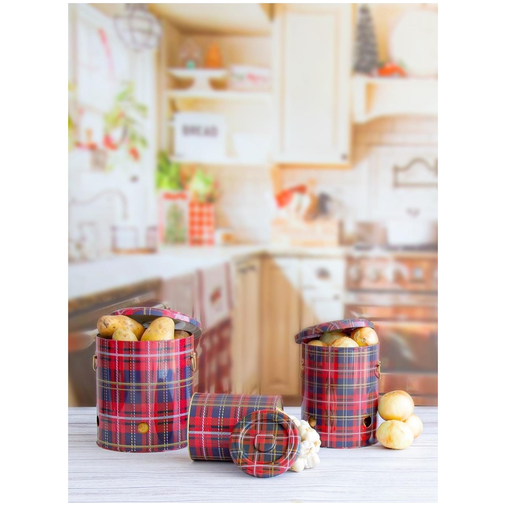 Triple Metal Bin Set for Potato Onion and Garlic  (3 Pcs)  Plaid Plaid Design