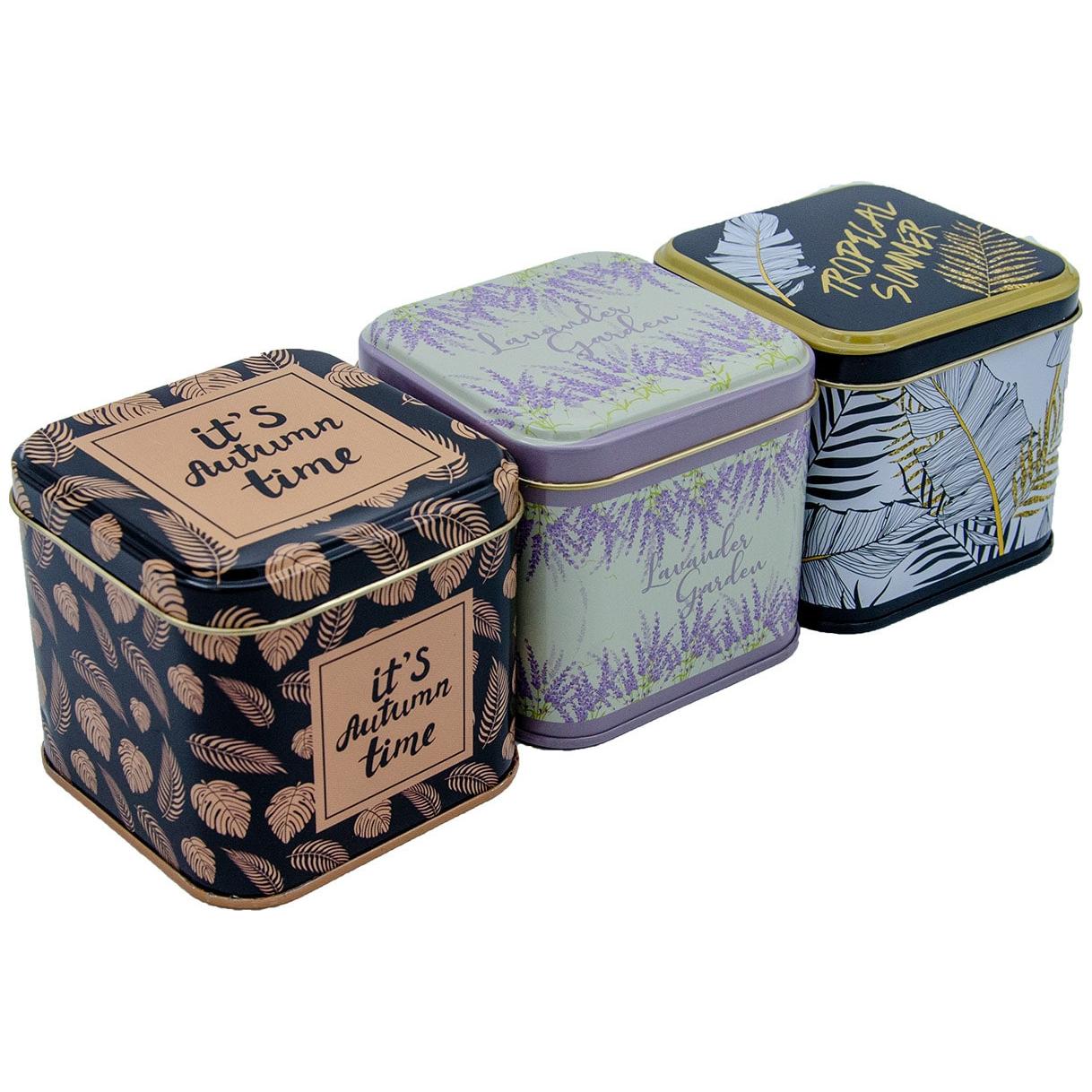 Square Tin Box  Set  90x90x80 mm  0.6L  (3 Pcs) Leaf pattern  Sanabella Design