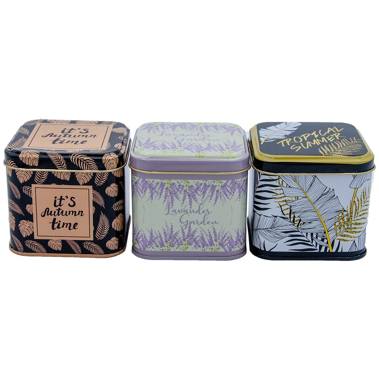 Square Tin Box  Set  90x90x80 mm  0.6L  (3 Pcs) Leaf pattern  Sanabella Design
