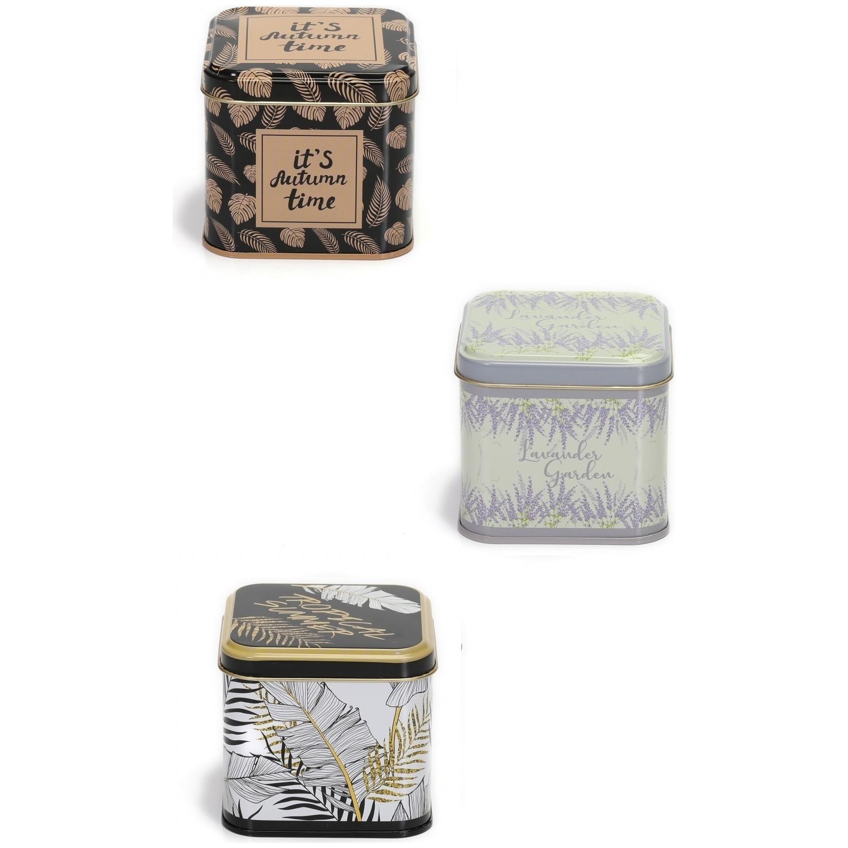 Square Tin Box  Set  90x90x80 mm  0.6L  (3 Pcs) Leaf pattern  Sanabella Design