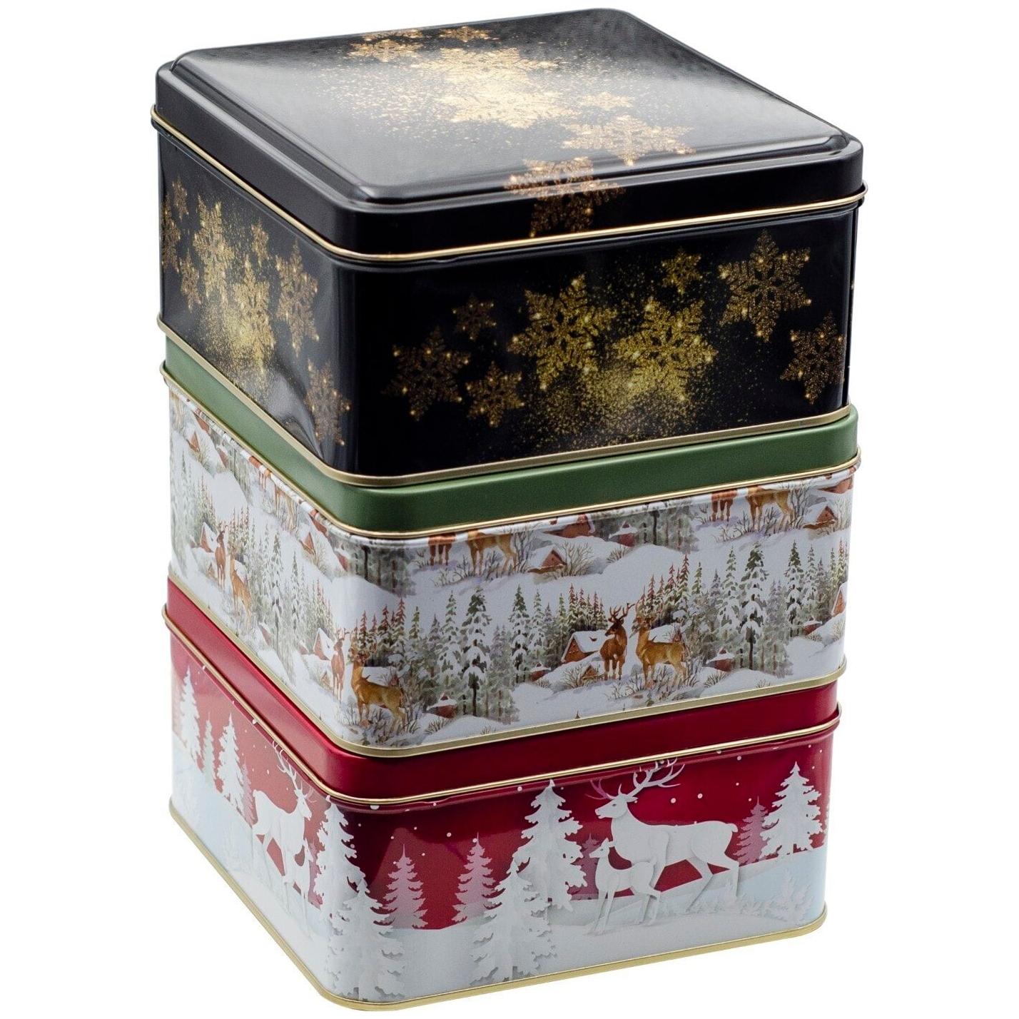 Square Tin Box  Set  158x158x80 mm 2.4L (3 Pcs)  New Year Design
