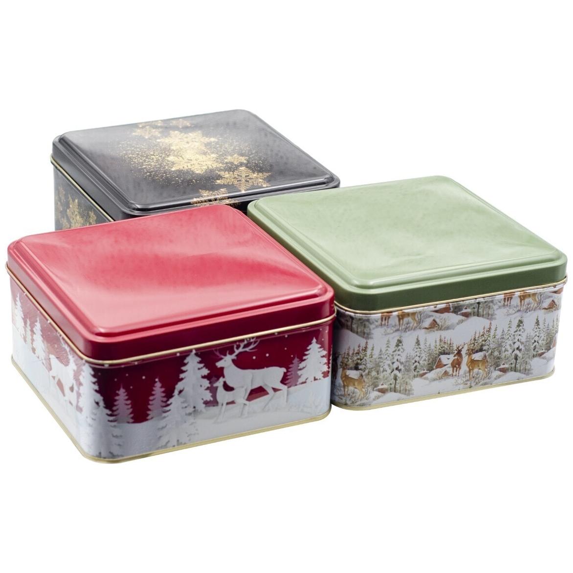 Square Tin Box  Set  158x158x80 mm 2.4L (3 Pcs)  New Year Design