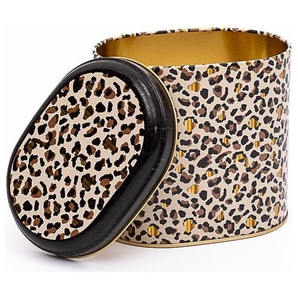 Oval Metal Tin – 140 x 120 x 130 mm (1.4L)  Gold Leopard Print Pattern