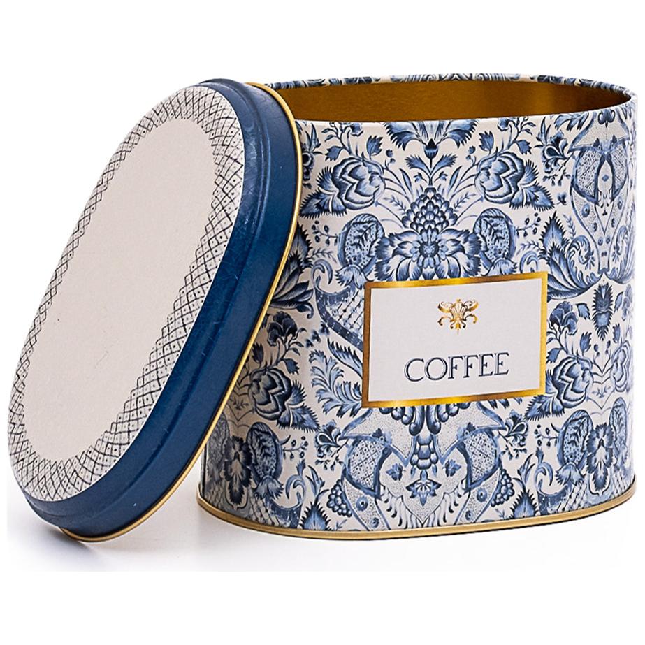 Oval Metal Tin – 140 x 120 x 130 mm (1.4L)  Azulejo-Inspired Blue &amp; White Decorative Pattern