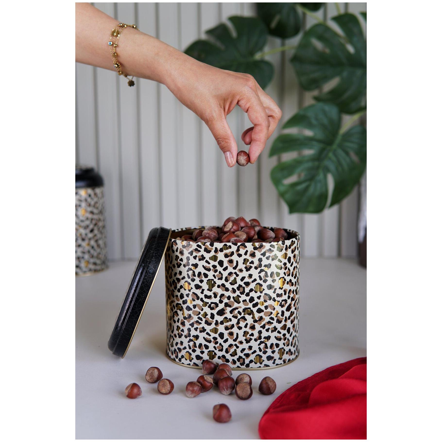 Oval Metal Tin – 140 x 120 x 130 mm (1.4L)  Gold Leopard Print Pattern