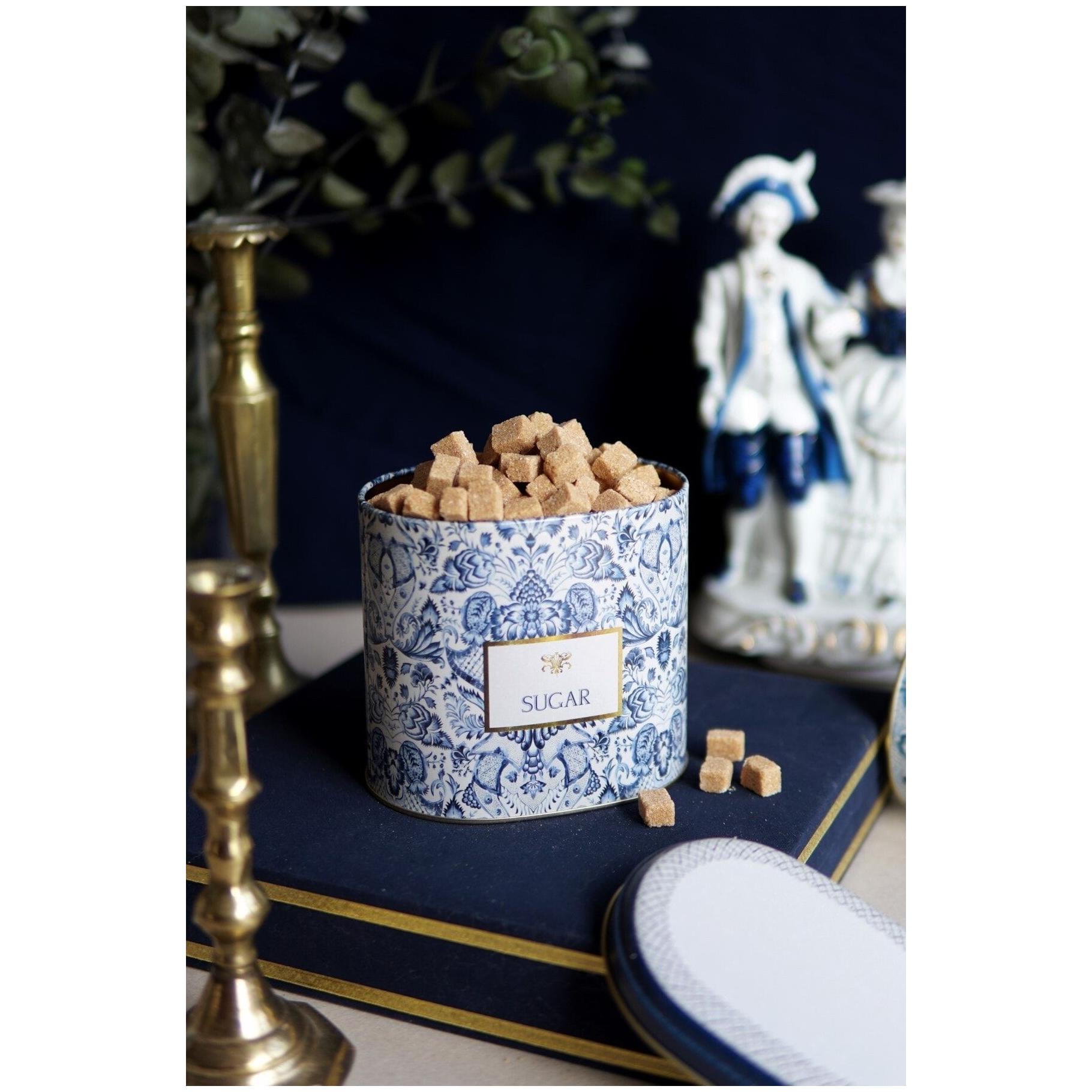 Oval Metal Tin – 140 x 120 x 130 mm (1.4L)  Azulejo-Inspired Blue &amp; White Decorative Pattern