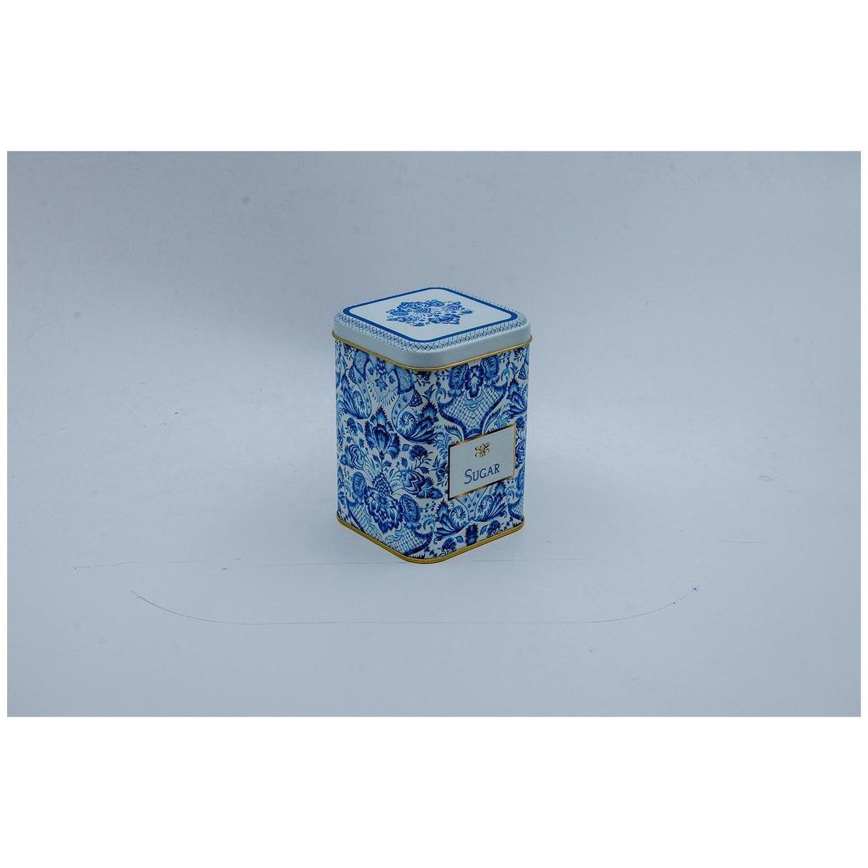 75x75x102 mm Square Metal Box 0.5L slip Lid Azulejo-Inspired Blue &amp; White Decorative Pattern