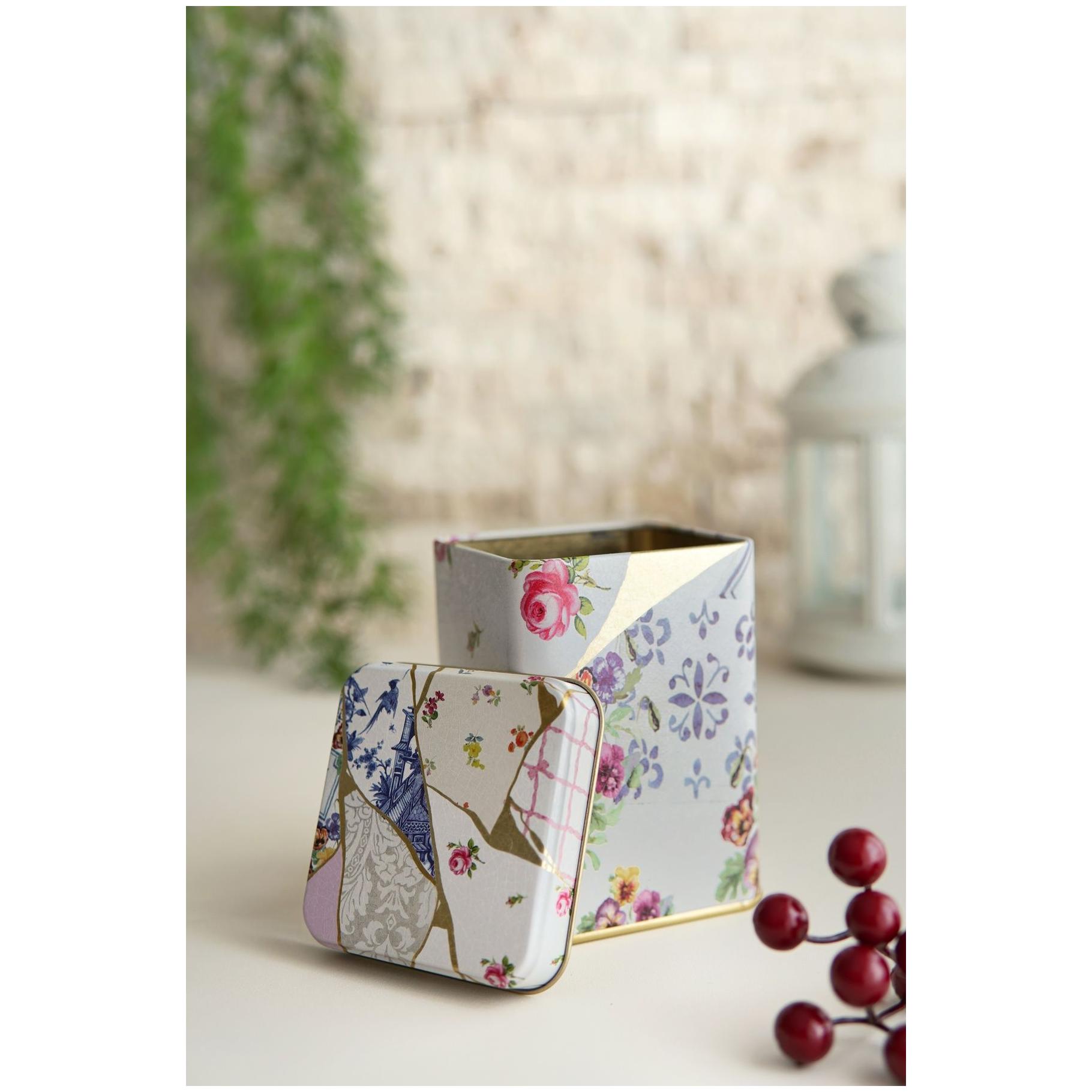 90x90x125 mm Square Metal Tin Box 1L slip Lid   Kintsugi Gold vein Flower 