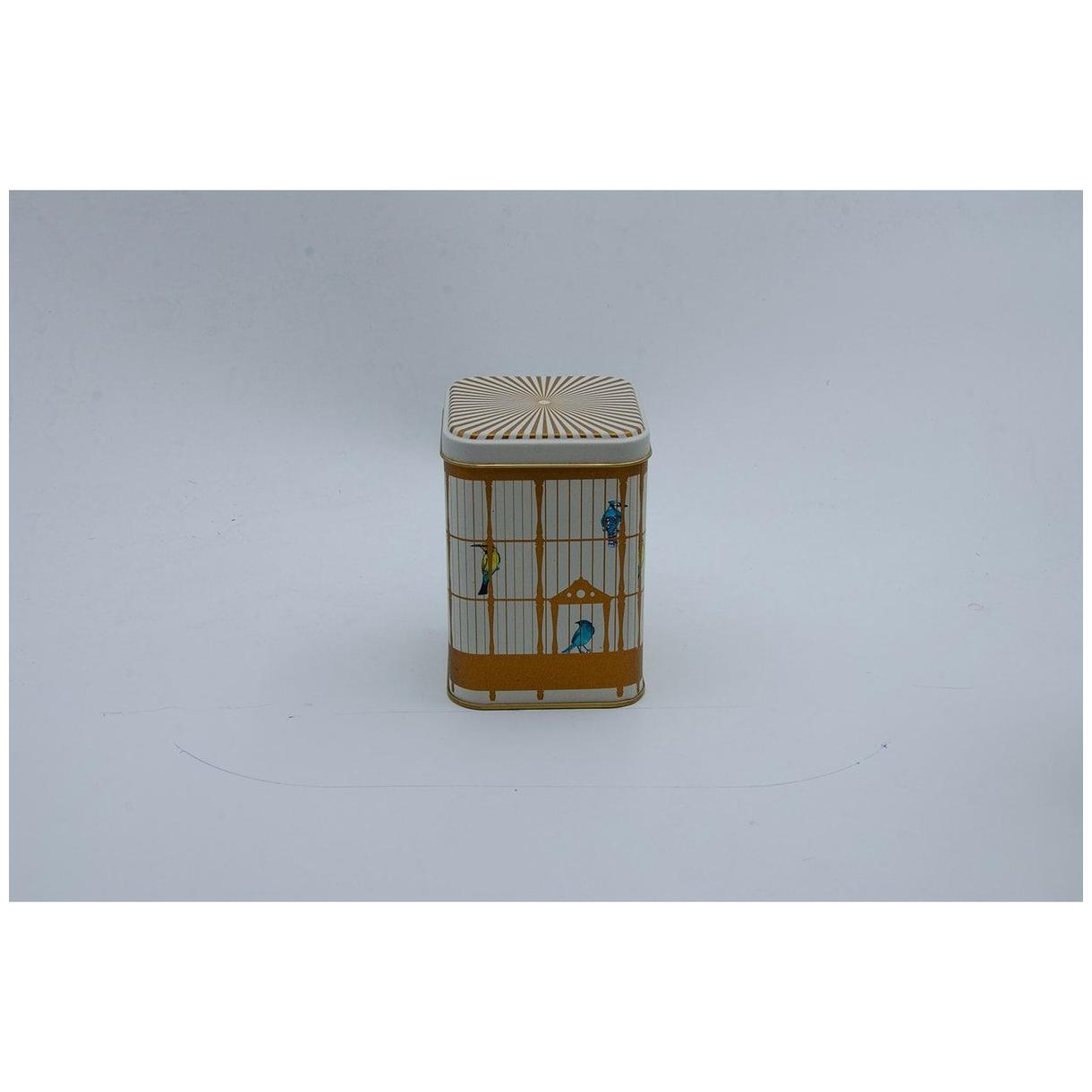 90x90x125 mm Square Metal Tin Box 1L slip Lid   Vintage Birdcage Illustration with Colorful Birds