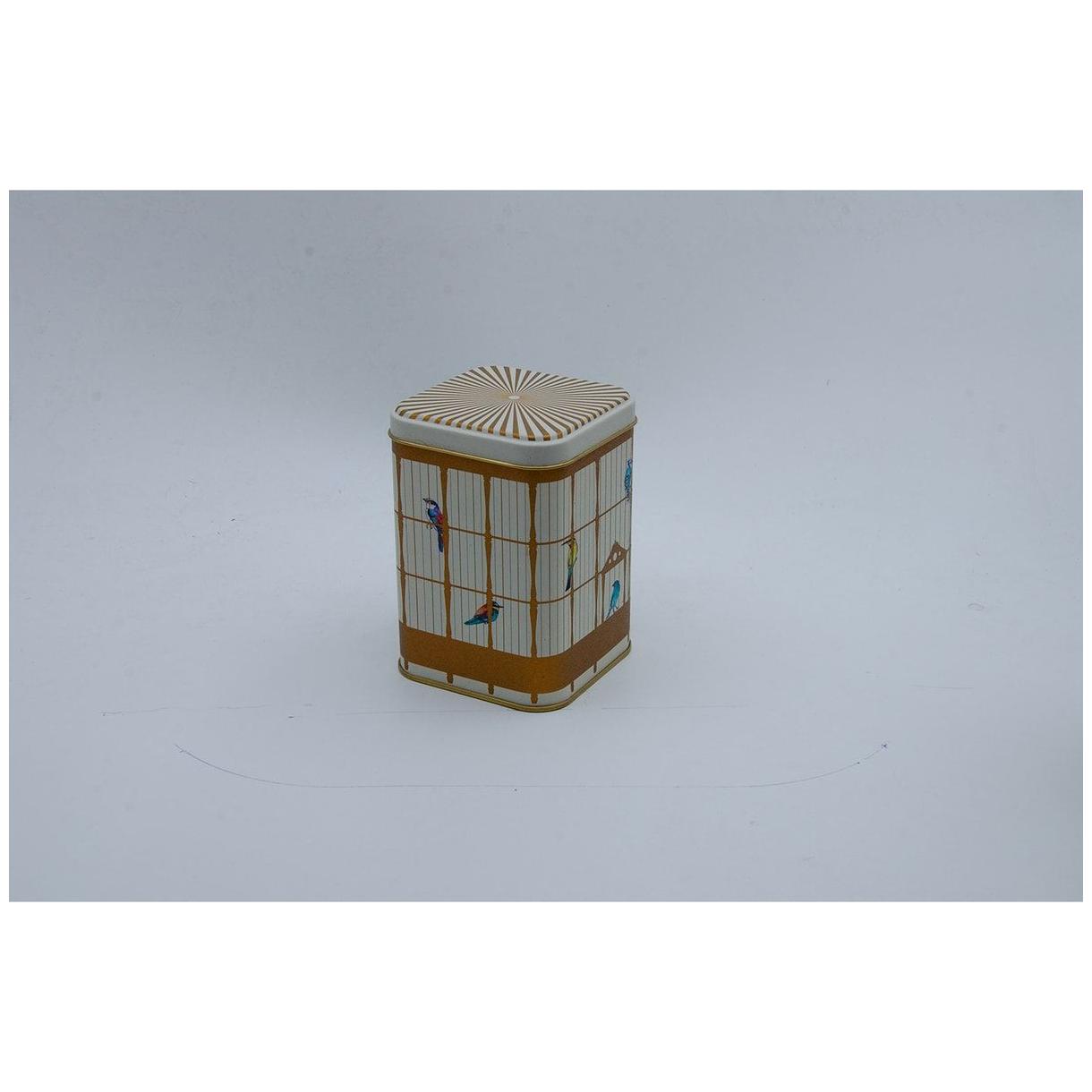 90x90x125 mm Square Metal Tin Box 1L slip Lid   Vintage Birdcage Illustration with Colorful Birds