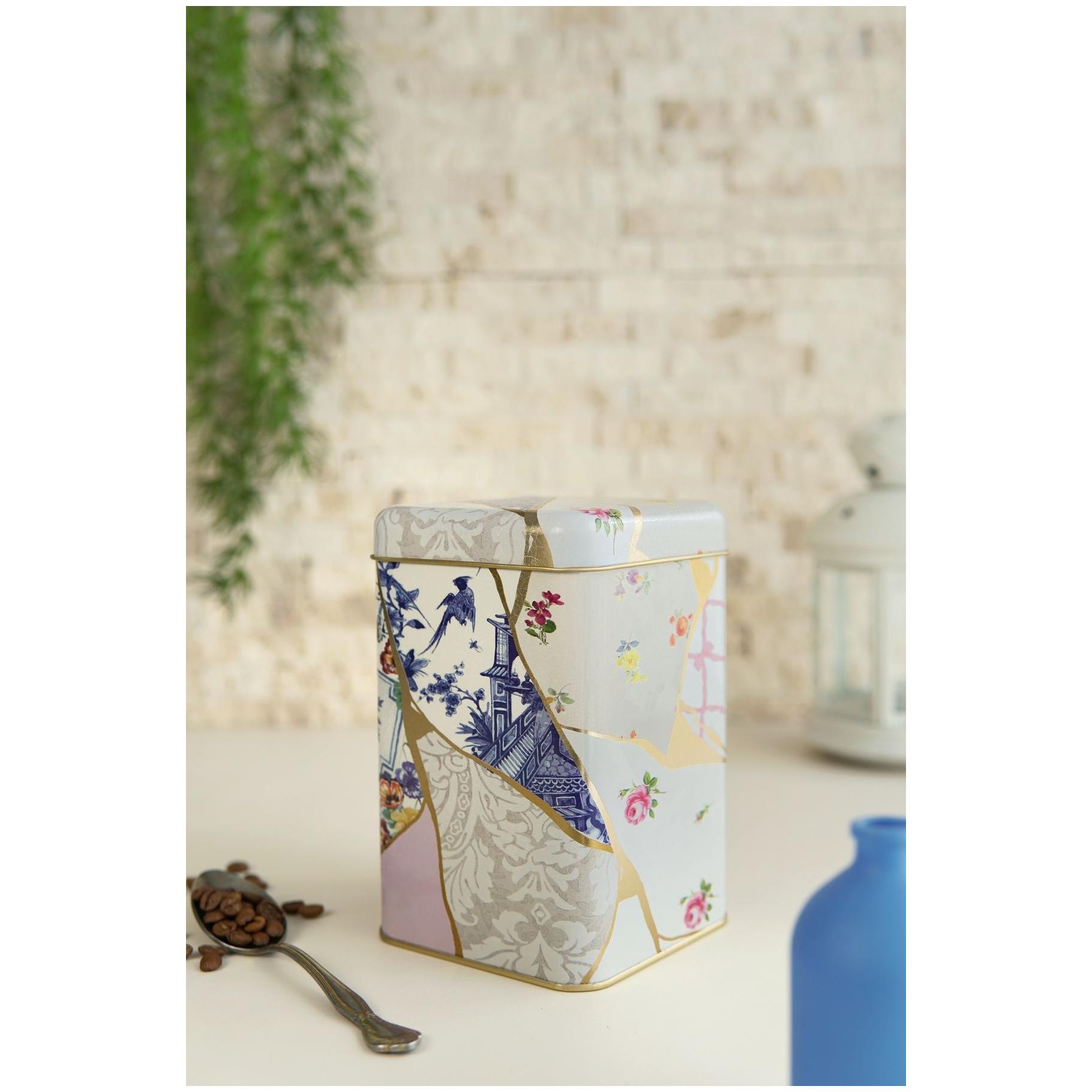 105 x 105 x 160 mm Square Metal Storage Tin  1.6L Kintsugi Gold vein Flower 