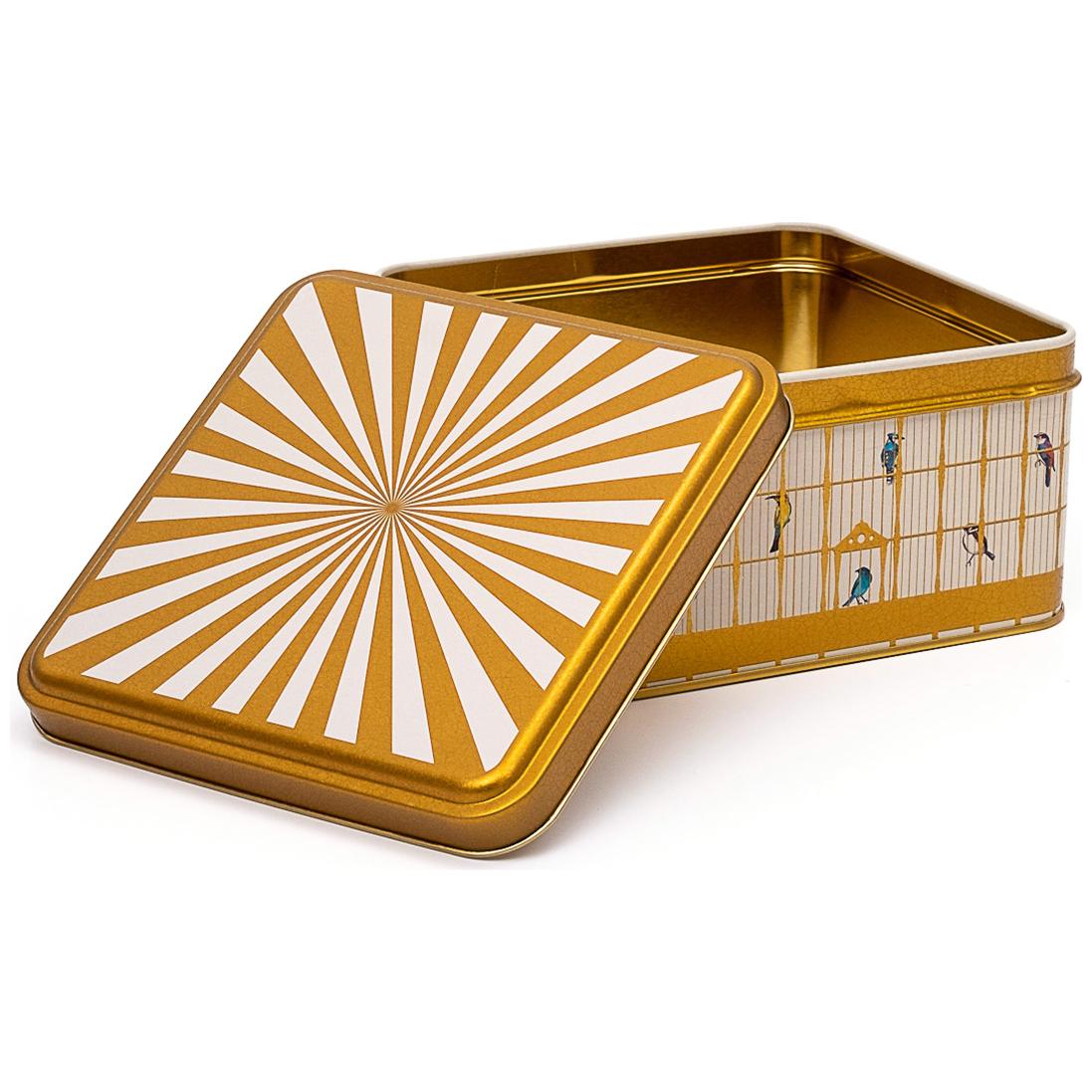 158x158x87 mm Square Metal Storage box 2.2L Slip Lid Vintage Birdcage Illustration with Colorful Birds