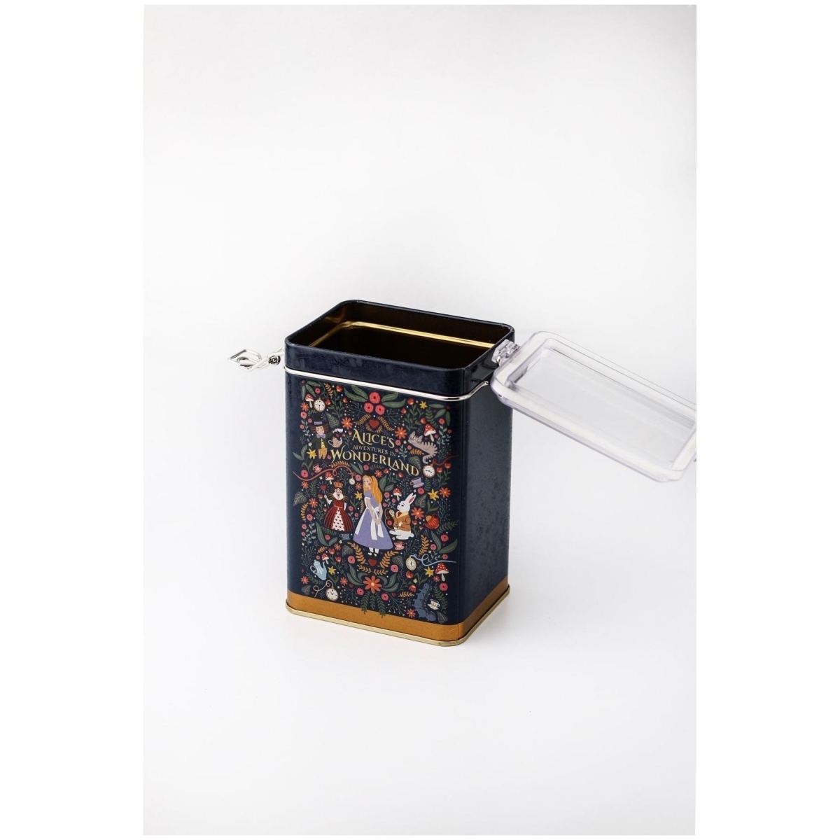 75 x 100 x 150 mm  Metal Storage Tin with Wire Clasp and Transparent Lid Alice in Wonderland
