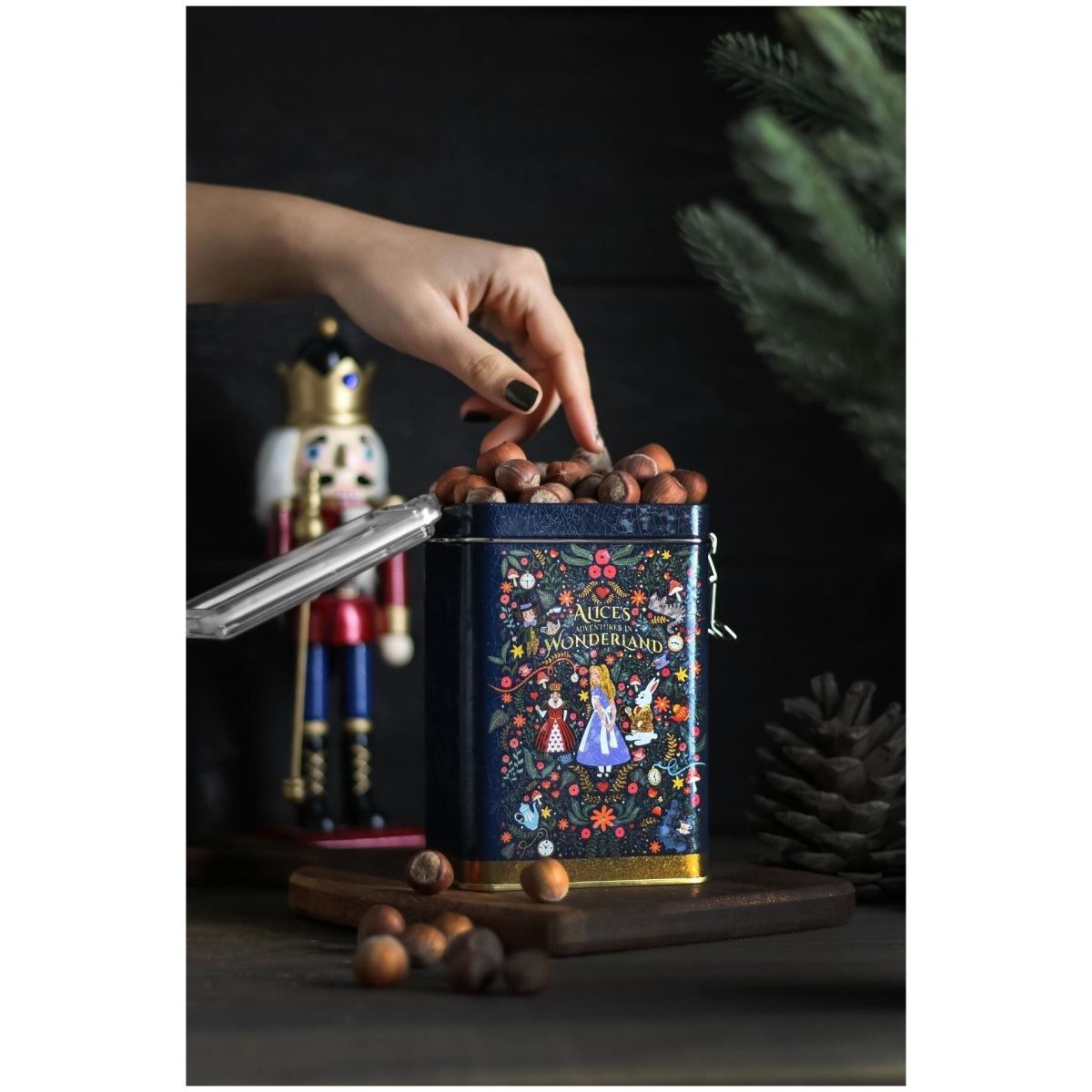 75 x 100 x 150 mm  Metal Storage Tin with Wire Clasp and Transparent Lid Alice in Wonderland