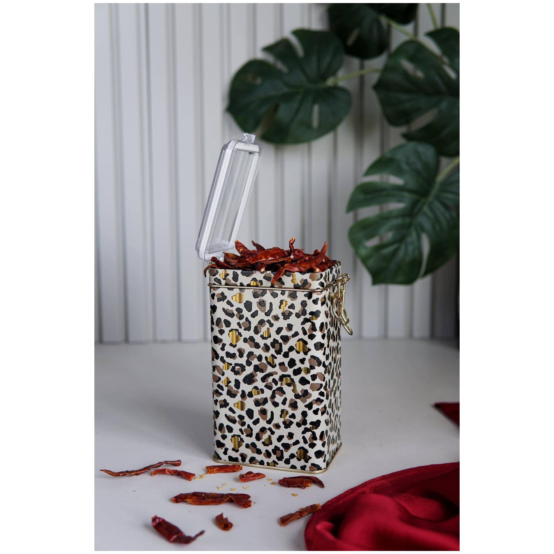 75 x 100 x 150 mm  Metal Storage Tin with Wire Clasp and Transparent Lid Gold Leopard Print Pattern