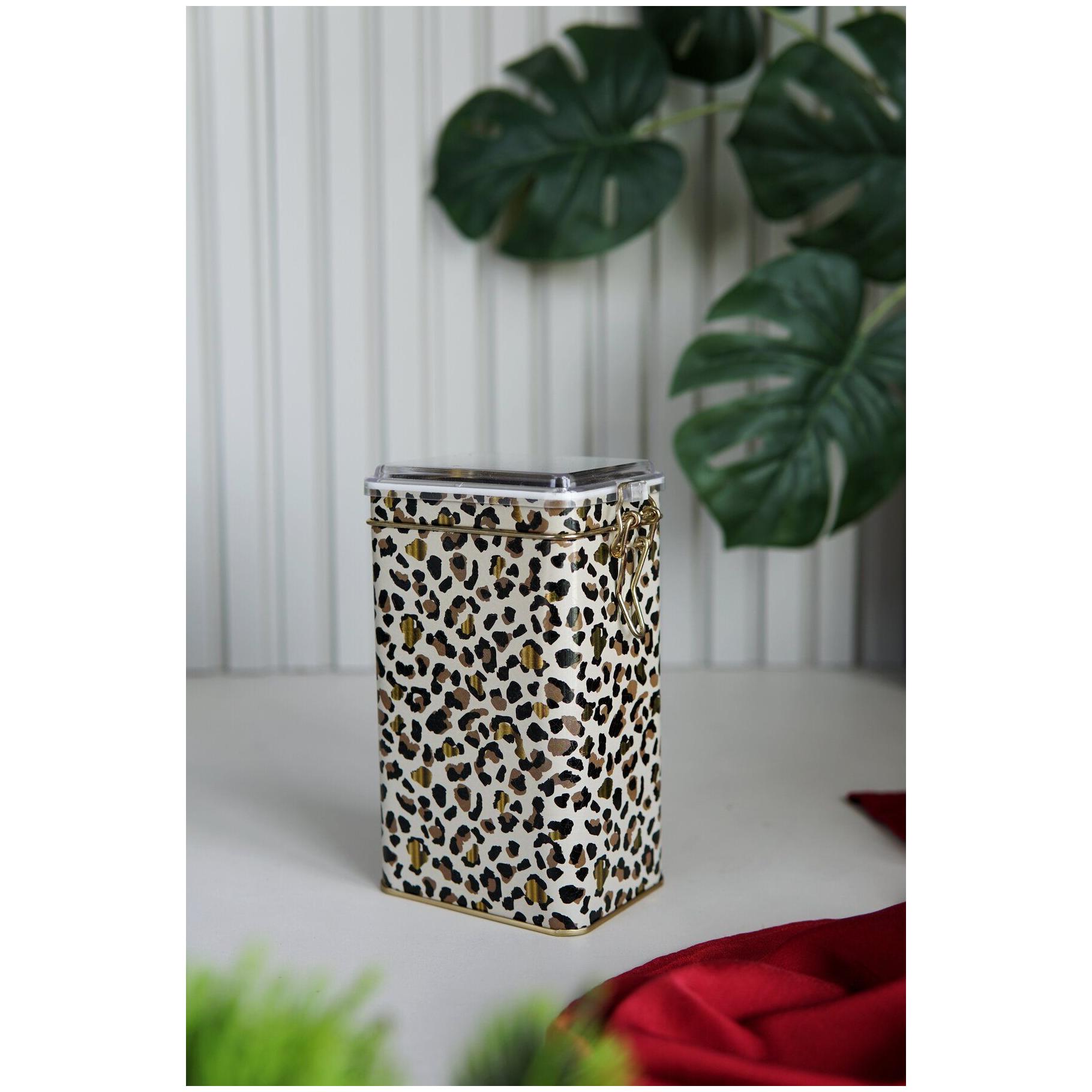 75x100x170 mm Rectangular Metal Box  1.1L Wire Clasp and Transparent Lid Gold Leopard Print Pattern