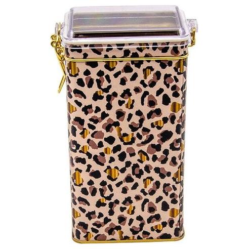 75x100x190 mm Rectangular Metal Box 1.3L Wire Clasp and Transparent Lid Gold Leopard Print Pattern
