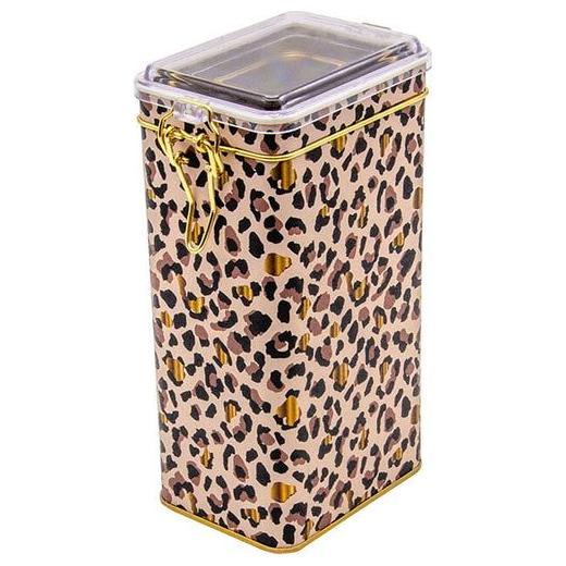75x100x190 mm Rectangular Metal Box 1.3L Wire Clasp and Transparent Lid Gold Leopard Print Pattern