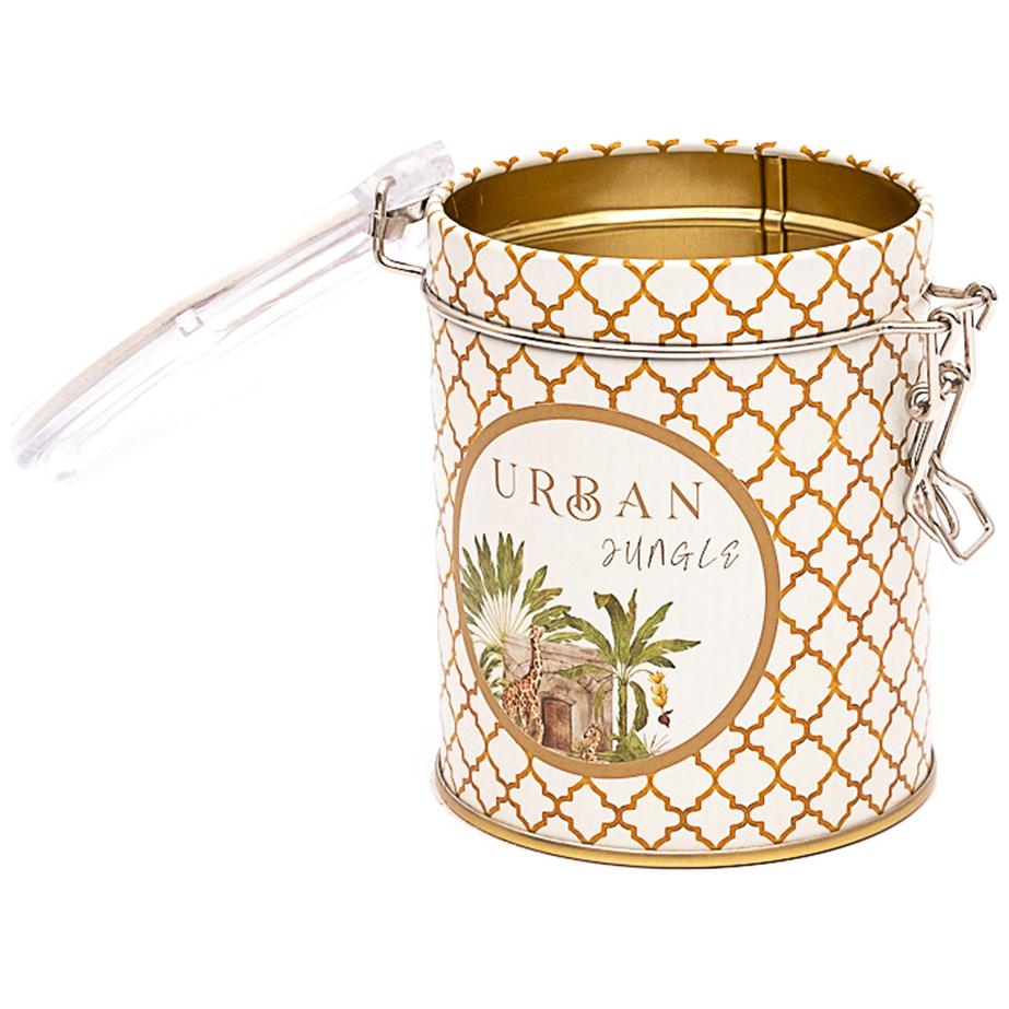 Ø90x110 mm Round Metal Storage Box  with Wire Clasp and Transparent Lid Tropical Jungle – A Lush Paradise of Nature &amp; Wildlife