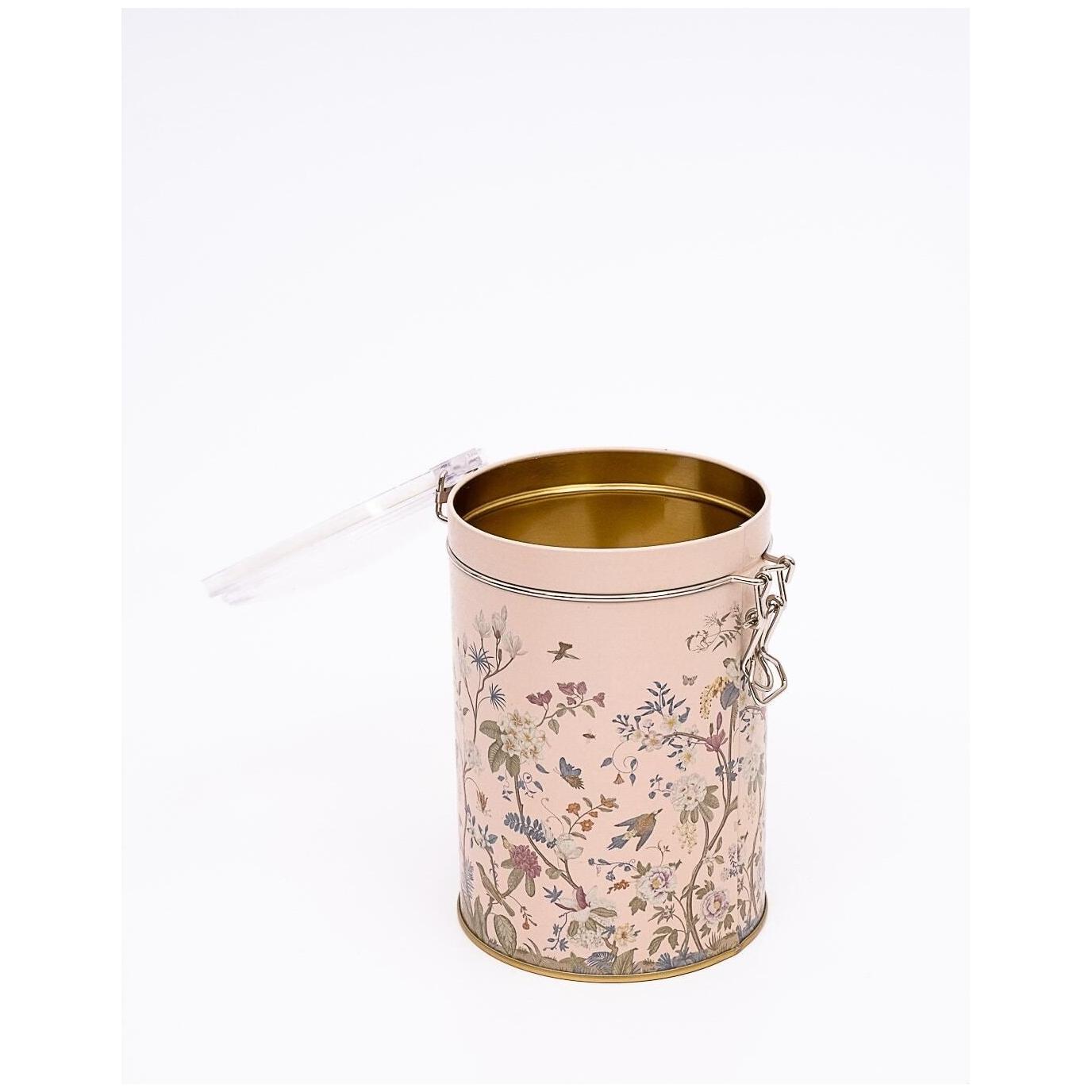  Ø105x150 mm  Round  Metal Box 1.1L Wire Clasp and Transparent Lid Floral Design Pastel Pink