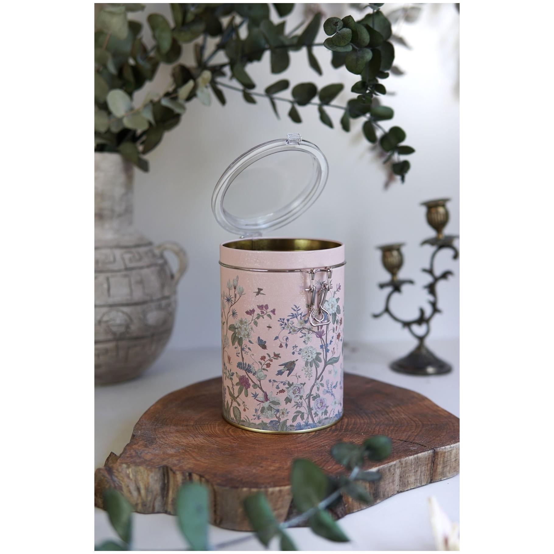  Ø105x150 mm  Round  Metal Box 1.1L Wire Clasp and Transparent Lid Floral Design Pastel Pink