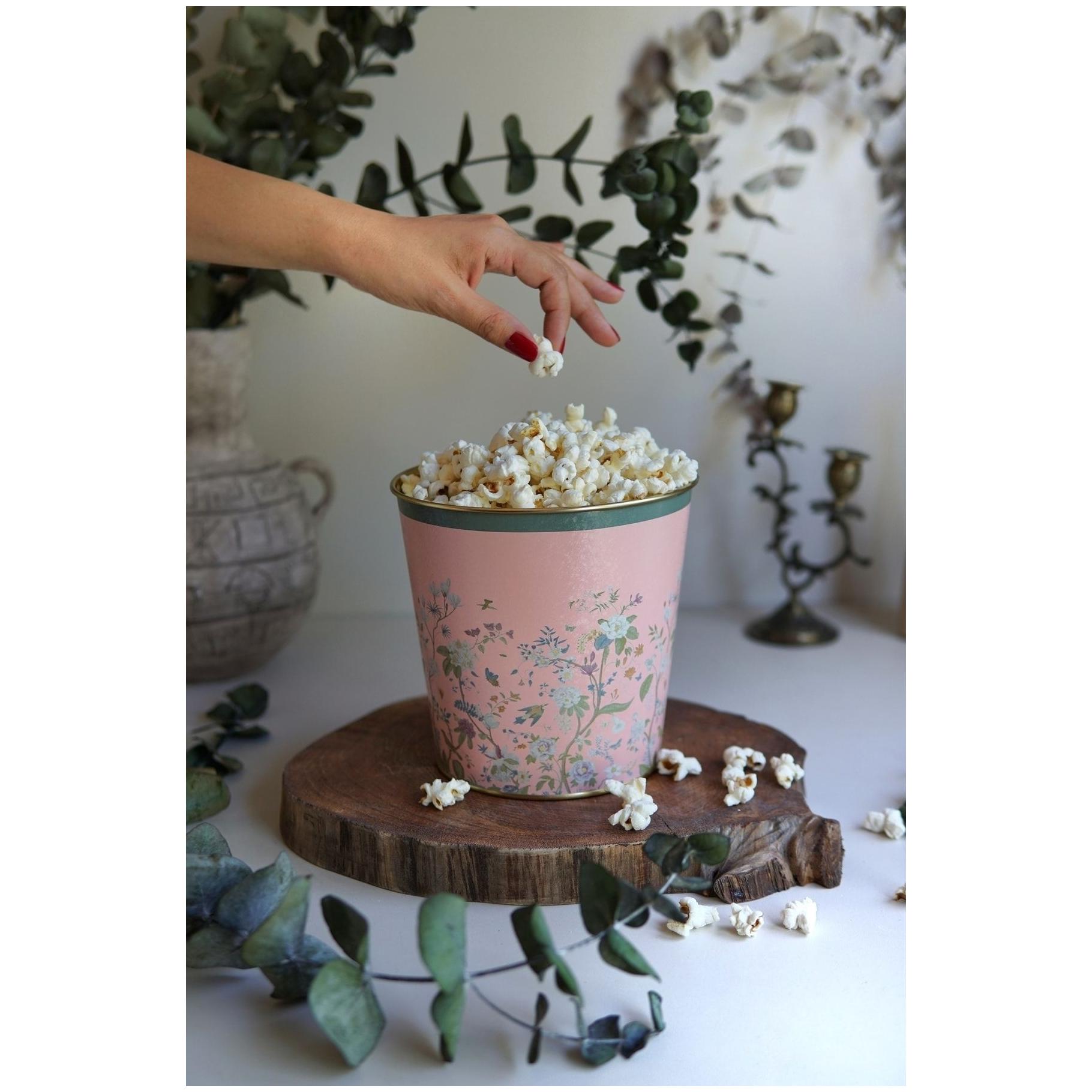 Ø175x170 mm  Metal Popcorn Bucket 2.6L Floral Design Pastel Pink