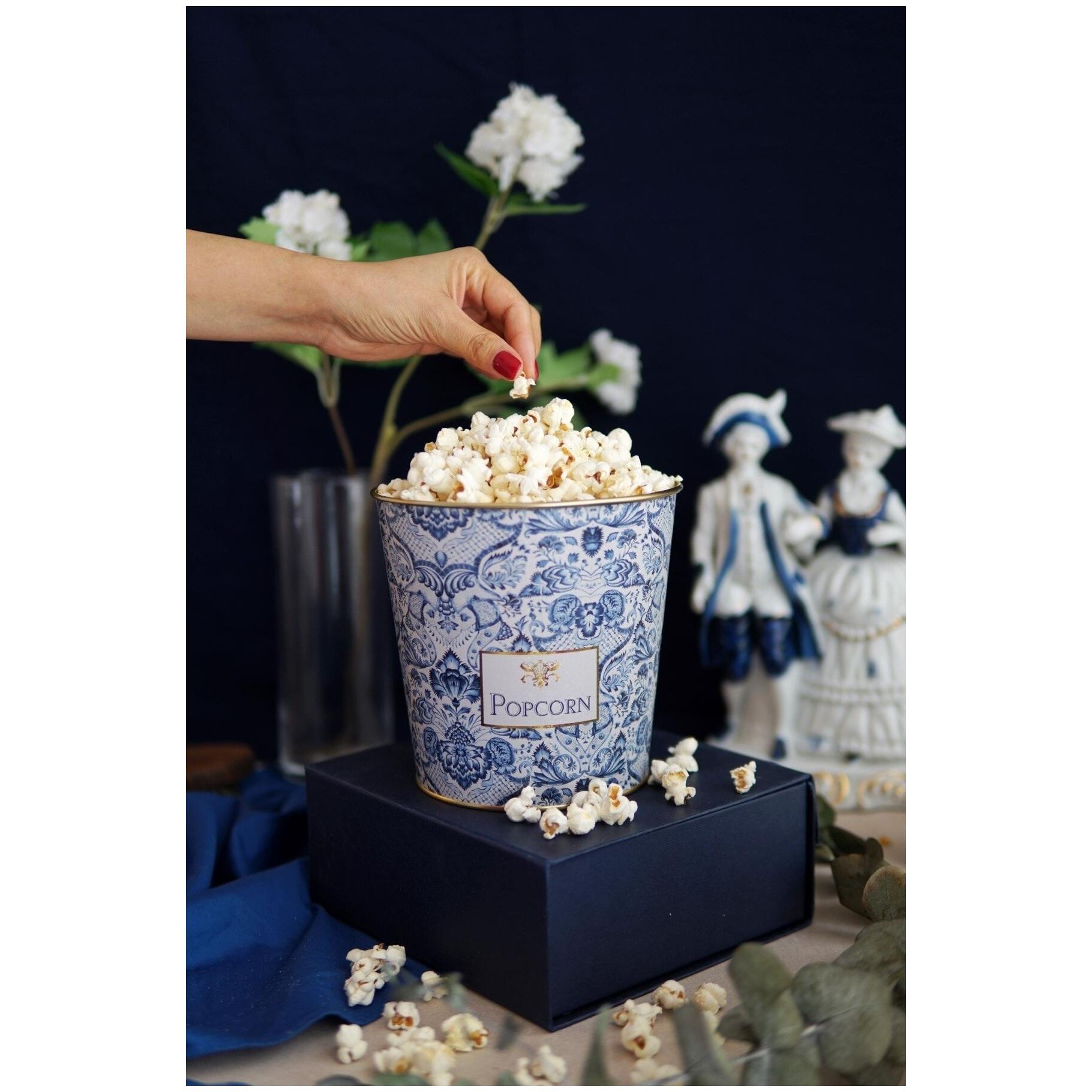 Ø175x170 mm  Metal Popcorn Bucket 2.6L Azulejo-Inspired Blue &amp; White Decorative Pattern