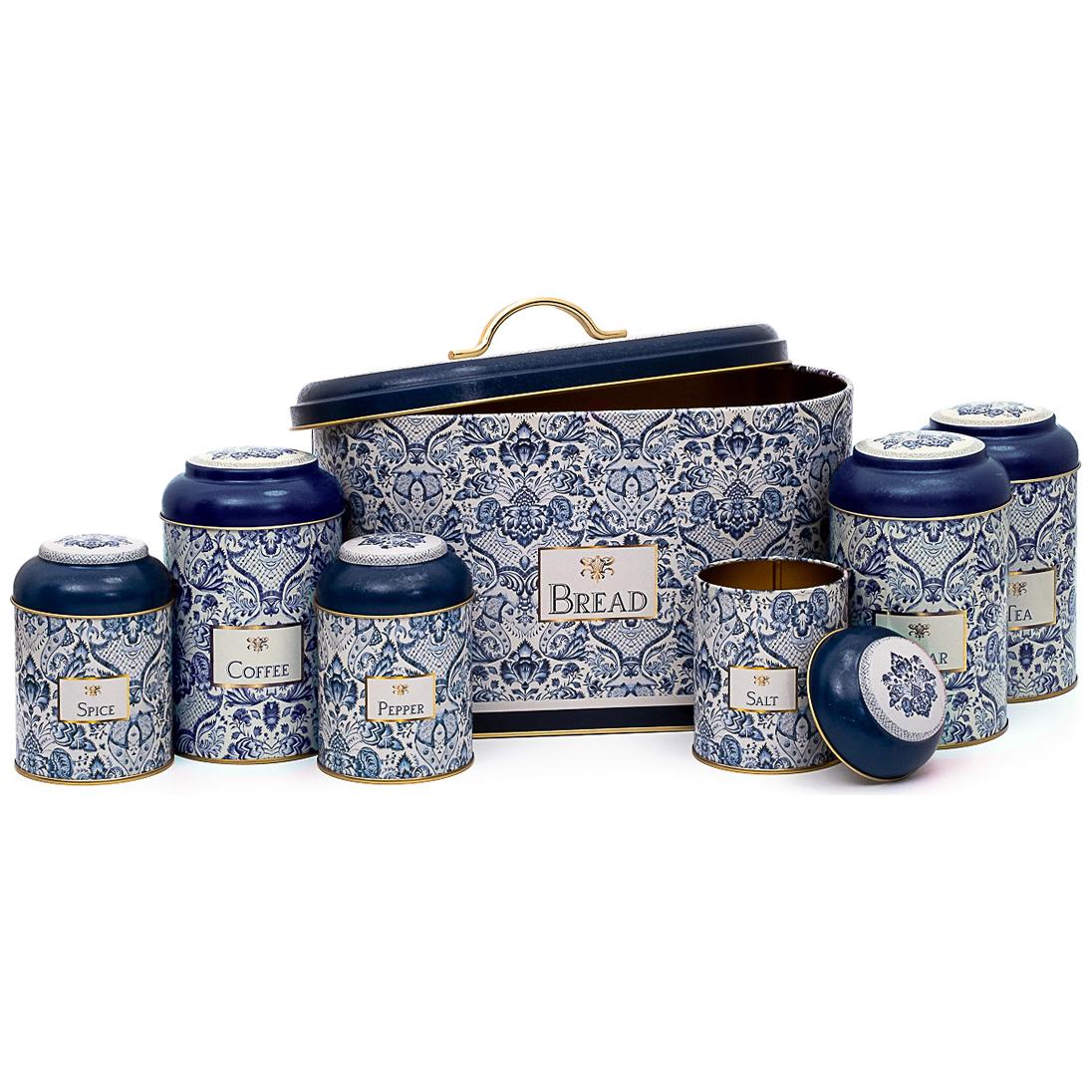 7 Pcs Round Tin Box Kitchen Set Dome Lid Azulejo-Inspired Blue &amp; White Decorative Pattern Azulejos Design