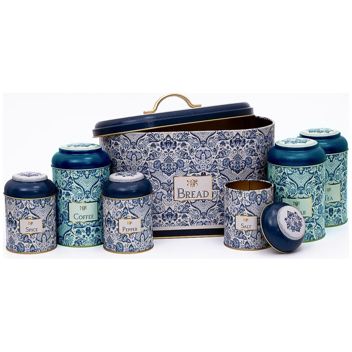 7 Pcs Round Tin Box Kitchen Set Dome Lid Azulejo-Inspired Blue &amp; White Decorative Pattern Azulejos Design