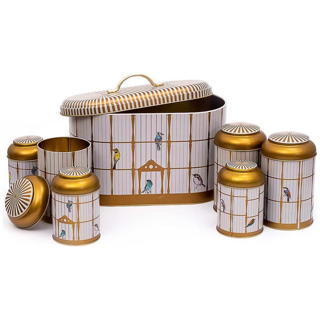 7 Pcs Round Tin Box Kitchen Set Dome Lid Vintage Birdcage Illustration with Colorful Birds Bird Cage Design