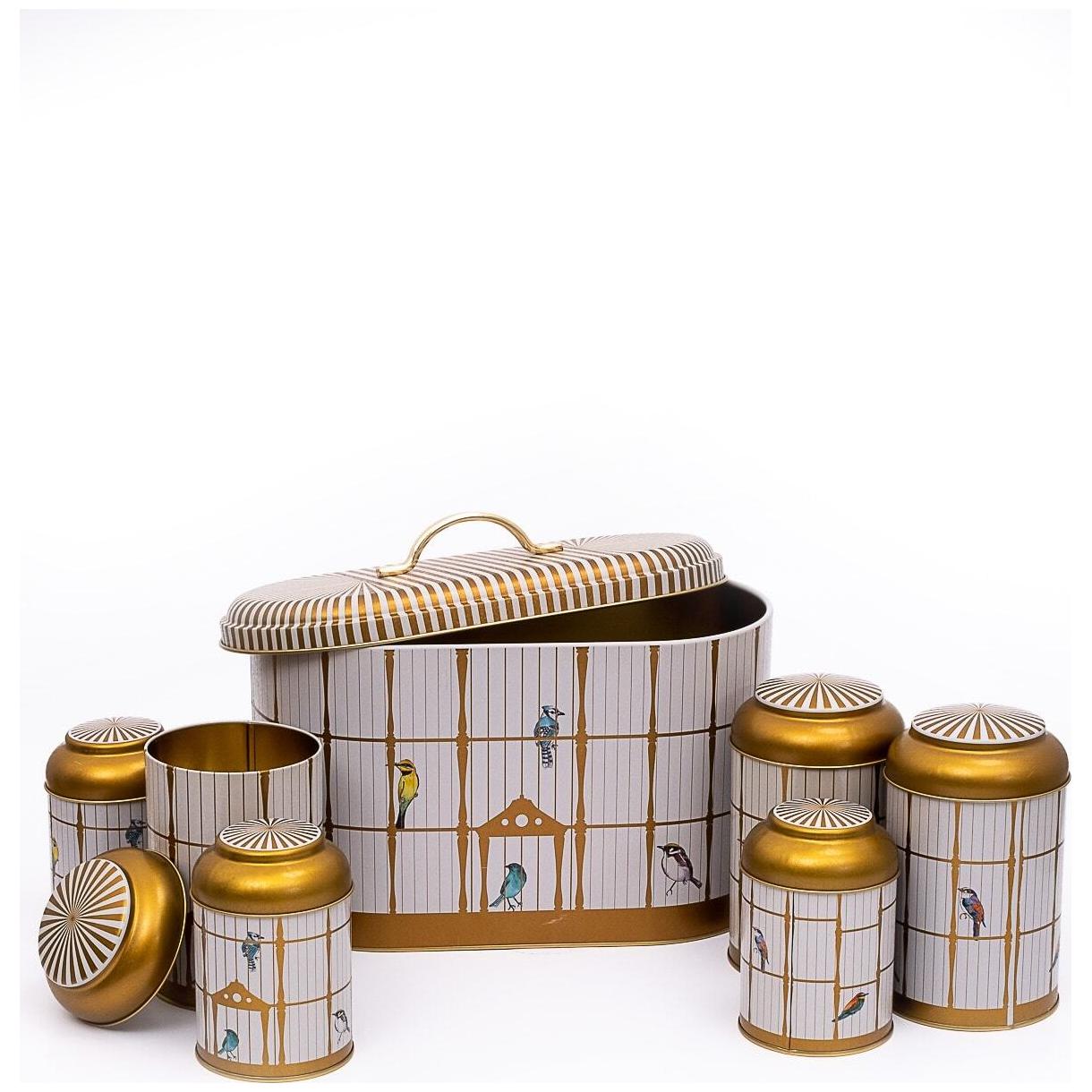 7 Pcs Round Tin Box Kitchen Set Dome Lid Vintage Birdcage Illustration with Colorful Birds Bird Cage Design