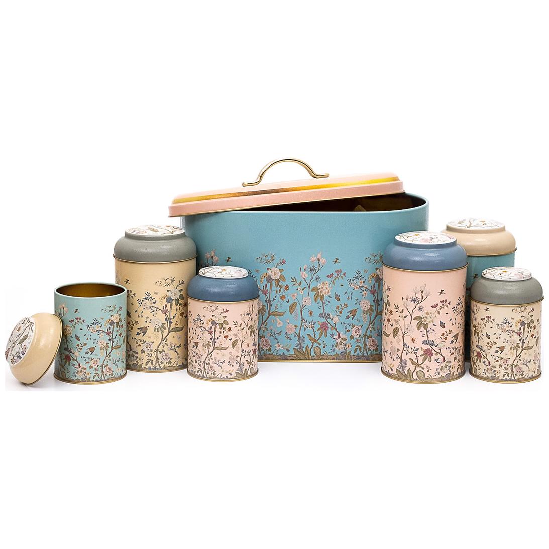 7 Pcs Round Tin Box Kitchen Set Dome Lid Floral Design Pastel Blue Botanica Design