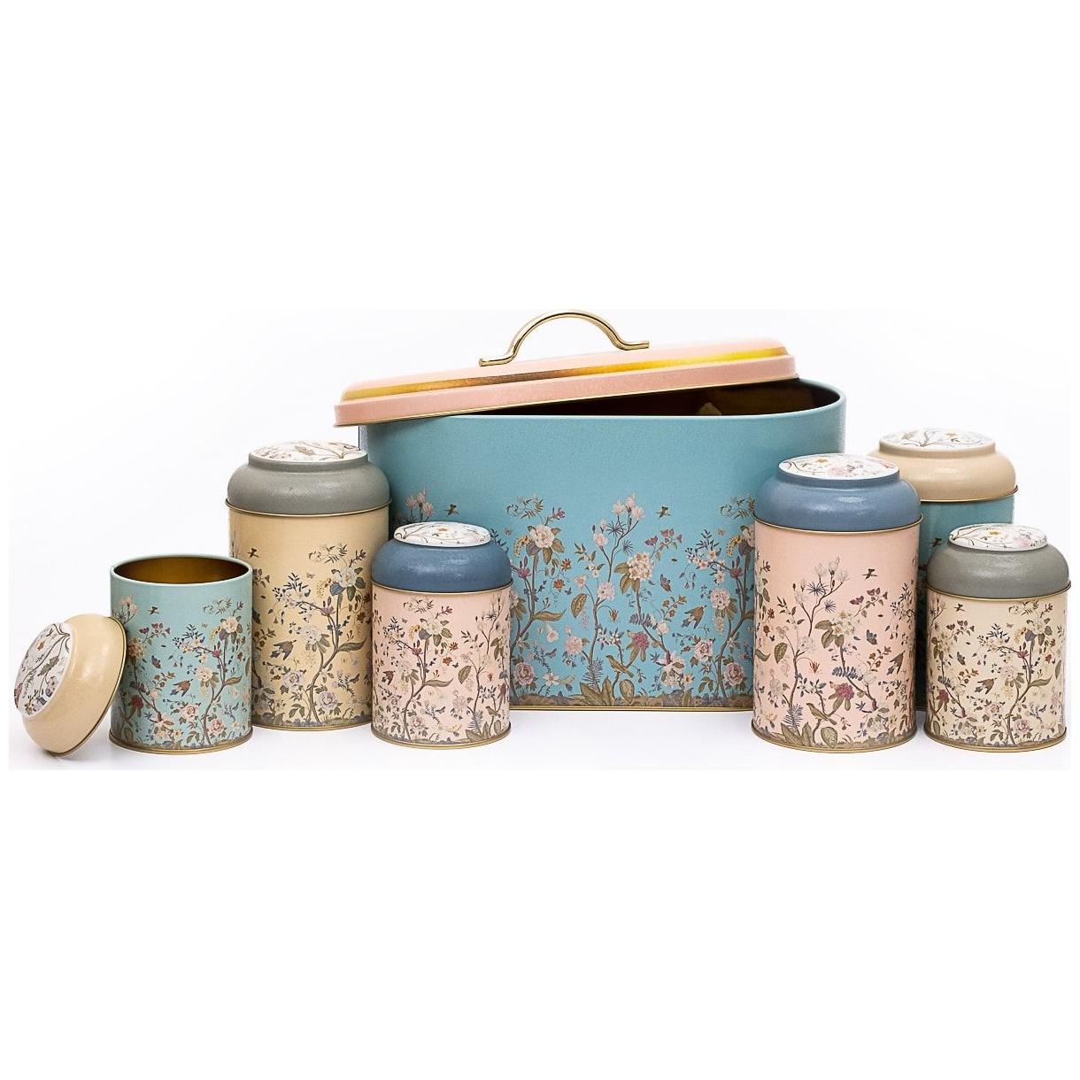 7 Pcs Round Tin Box Kitchen Set Dome Lid Floral Design Pastel Blue Botanica Design