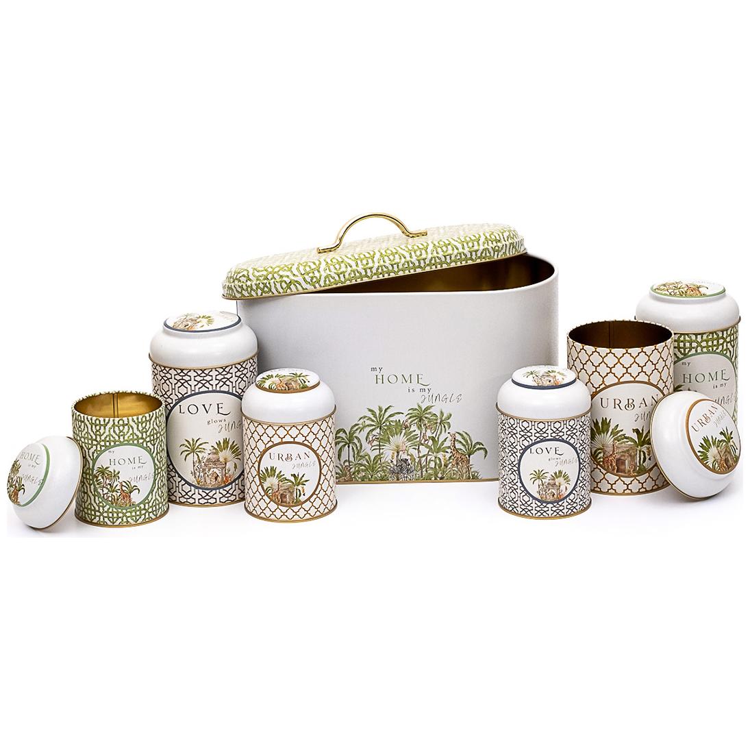 7 Pcs Round Tin Box Kitchen Set Dome Lid Tropical Jungle – A Lush Paradise of Nature &amp; Wildlife Forrest Design