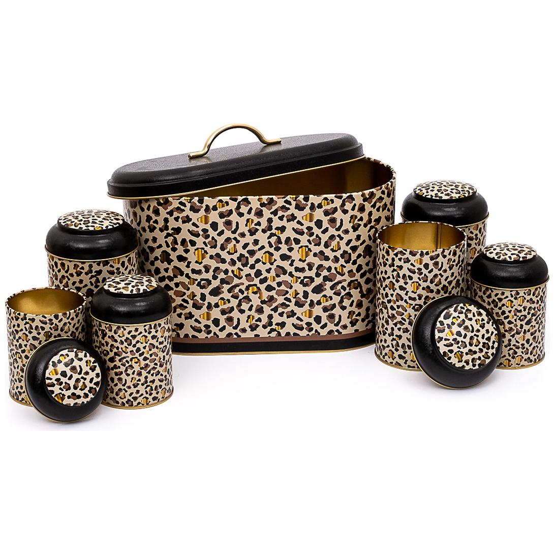7 Pcs Round Tin Box Kitchen Set Dome Lid Gold Leopard Print Pattern Leo Design